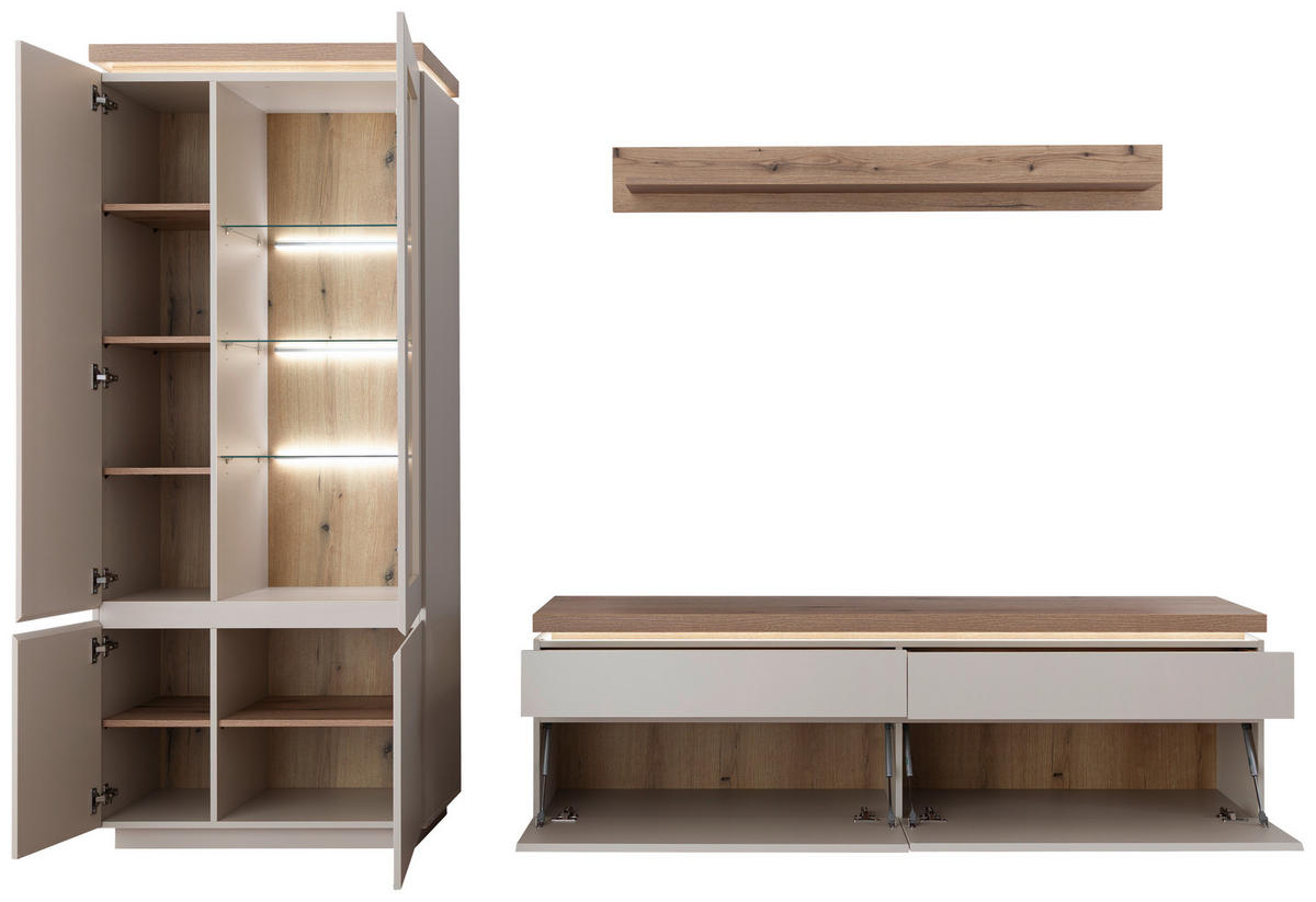 WOHNWAND 3-teilig  in Eichefarben, Kaschmir  278/197/40 cm  - Kaschmir/Eichefarben, Design, Glas/Holzwerkstoff (278/197/40cm) - Livetastic