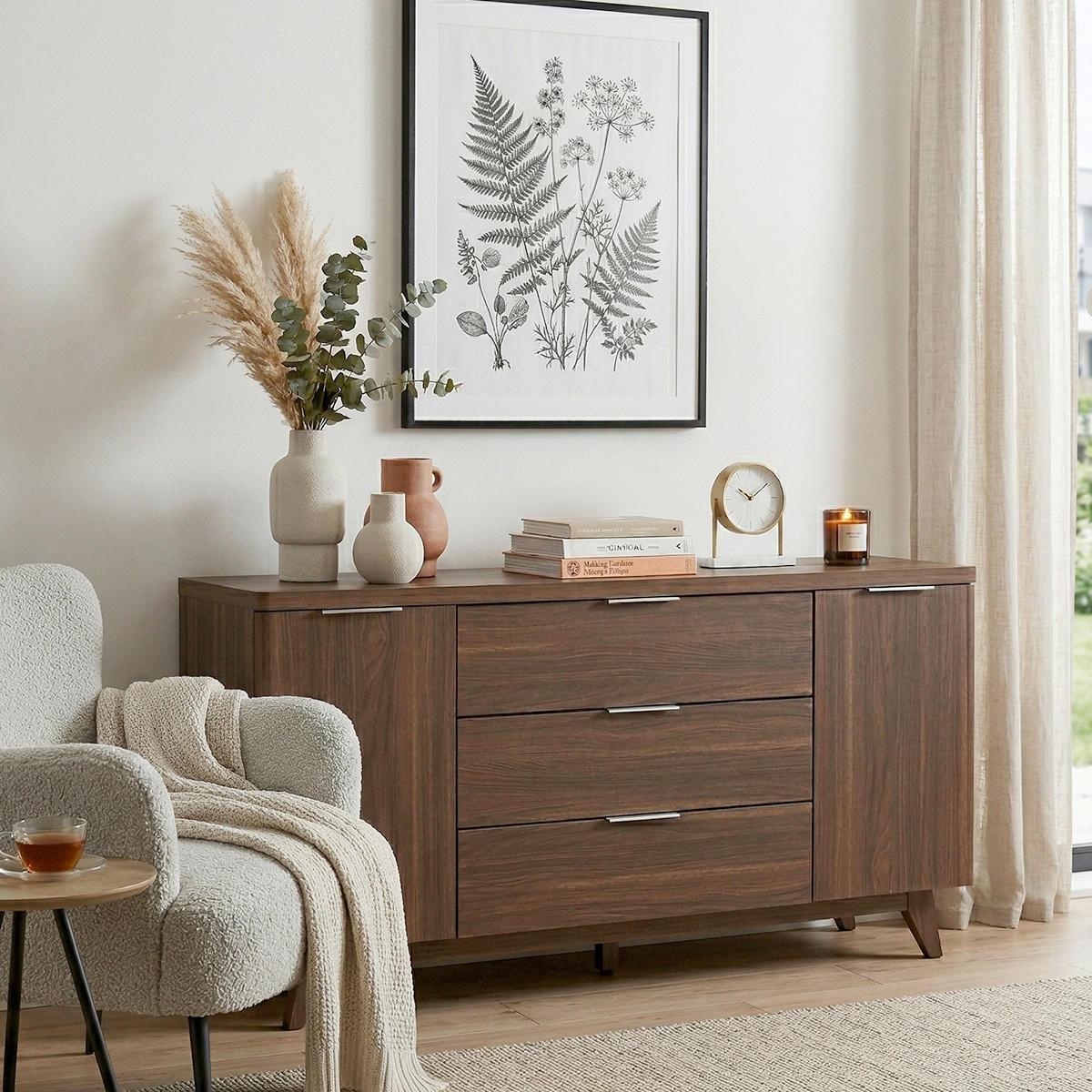 SIDEBOARD  160/77/39 cm 3 Schublade(n)  - Walnussfarben/Alufarben, KONVENTIONELL, Holzwerkstoff/Metall (160/77/39cm) - MID.YOU