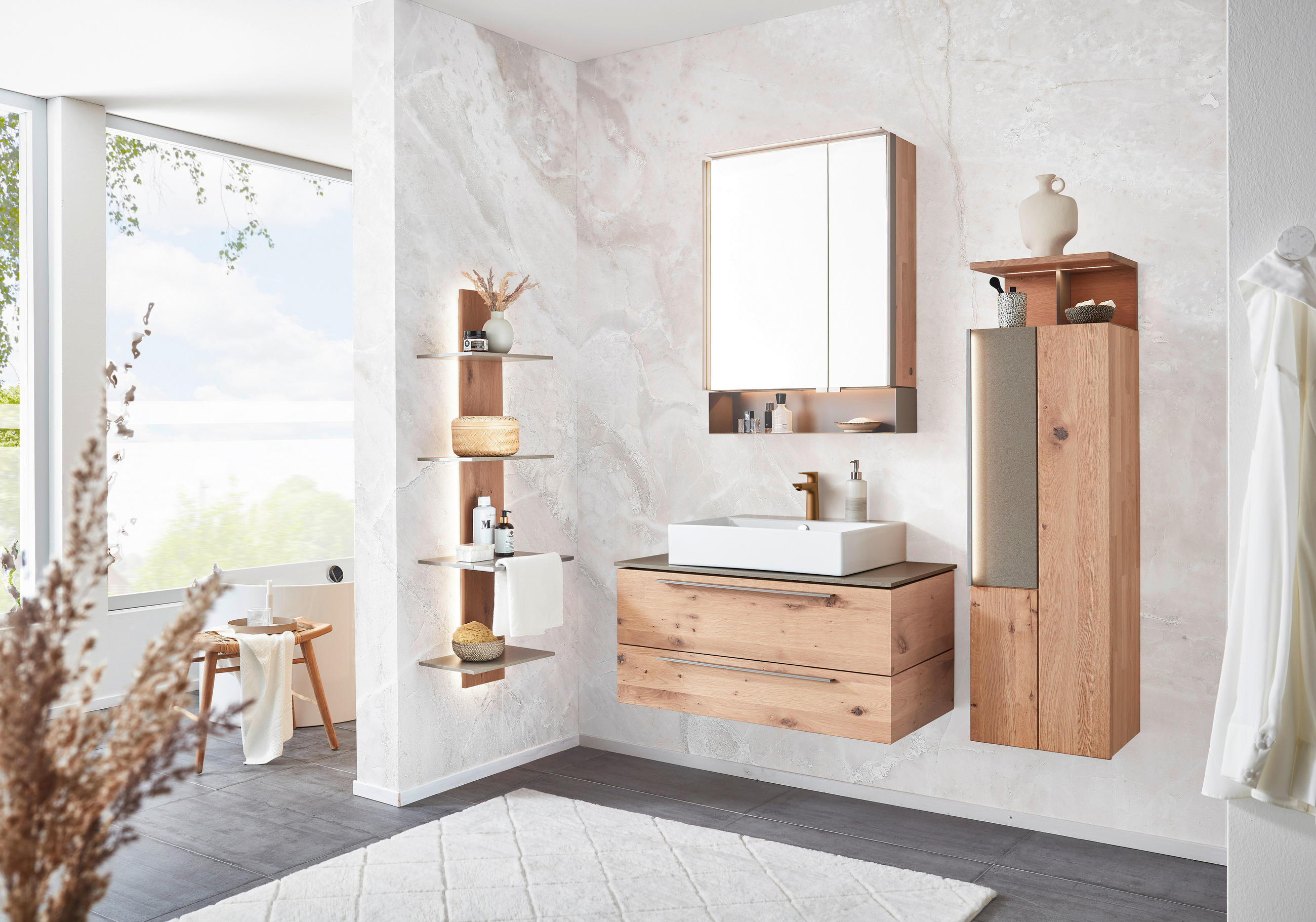 BADEZIMMER 3-teilig  in 95,4 cm  - Eichefarben/Titanfarben, MODERN, Glas/Holz (95,4cm) - Valdera