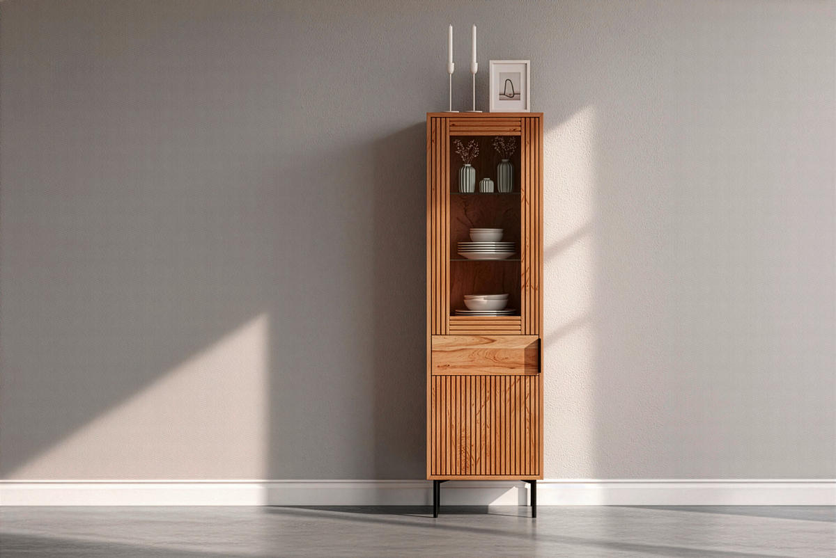 VITRINE Doha in furniert, massiv Akazie Naturfarben  - Transparent/Schwarz, KONVENTIONELL, Glas/Holz (55/200/42cm) - Livetastic