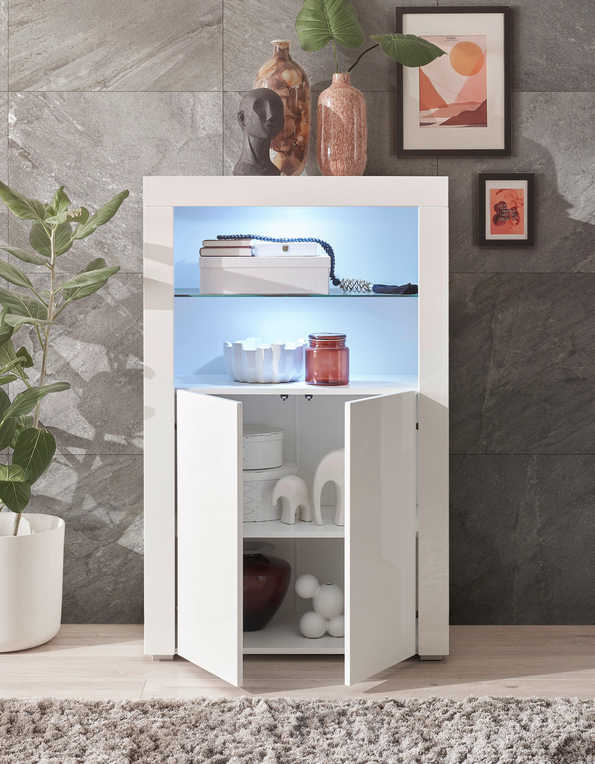HIGHBOARD  in 80/128/38 cm  - Weiß Hochglanz/Silberfarben, Design, Glas/Holzwerkstoff (80/128/38cm) - MID.YOU