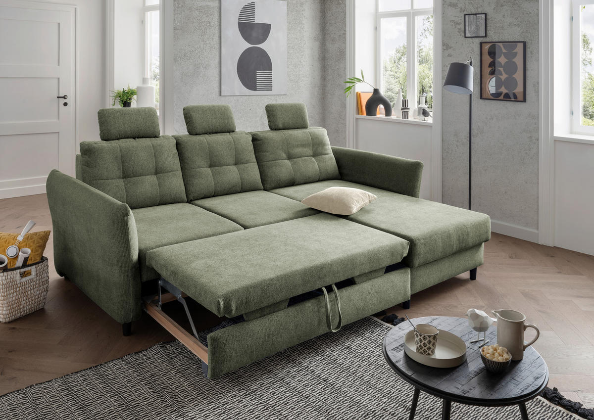 ECKSOFA in Chenille Dunkelgrün  - Dunkelgrün/Beige, Modern, Holz/Textil (250-280/176cm) - Livetastic