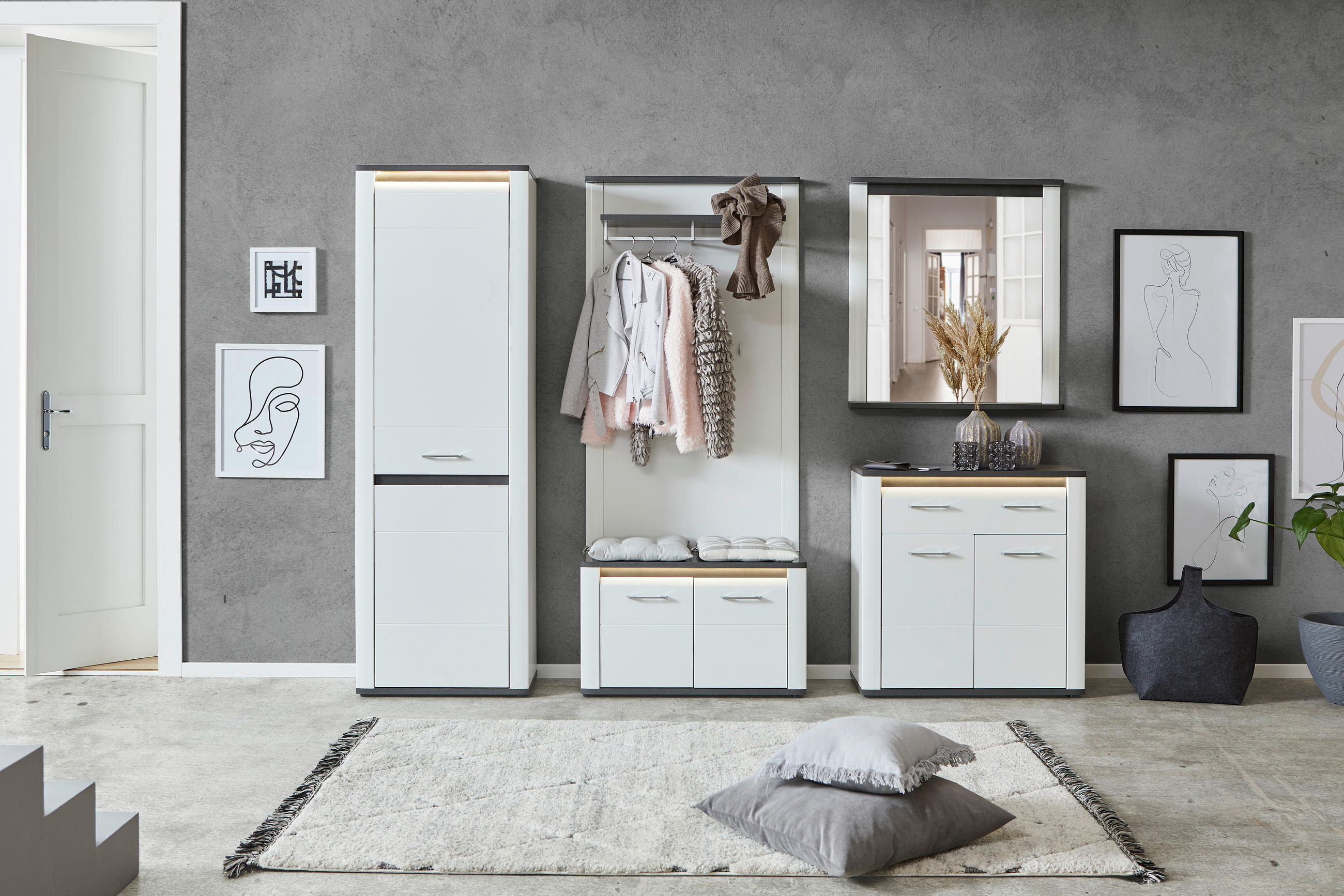 Garderoben-set Alassio Weiß /matera 5-Tlg. Mit Led-Leisten