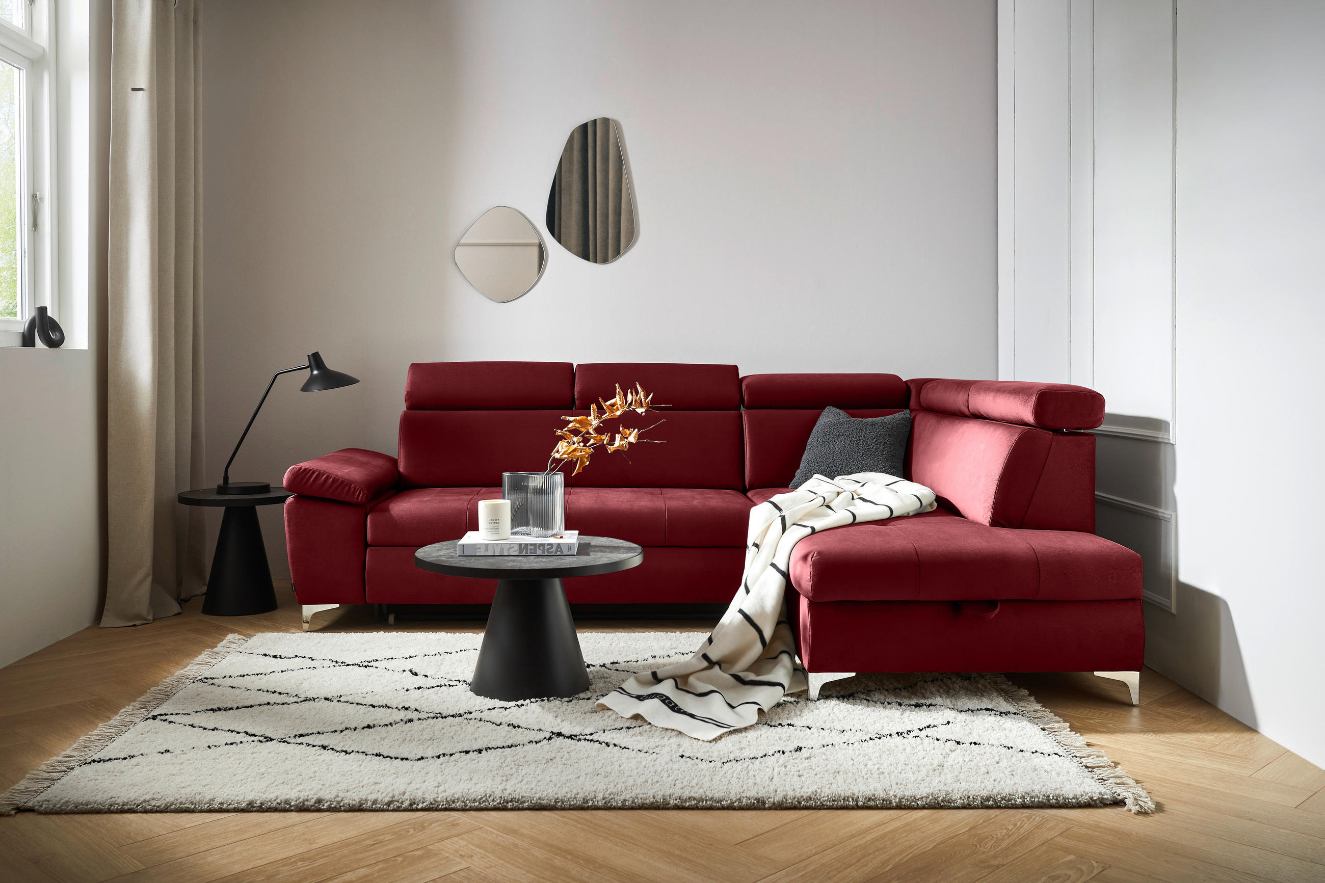 ECKSOFA Bordeaux Samt  - Chromfarben/Bordeaux, KONVENTIONELL, Textil/Metall (271/206cm) - Carryhome