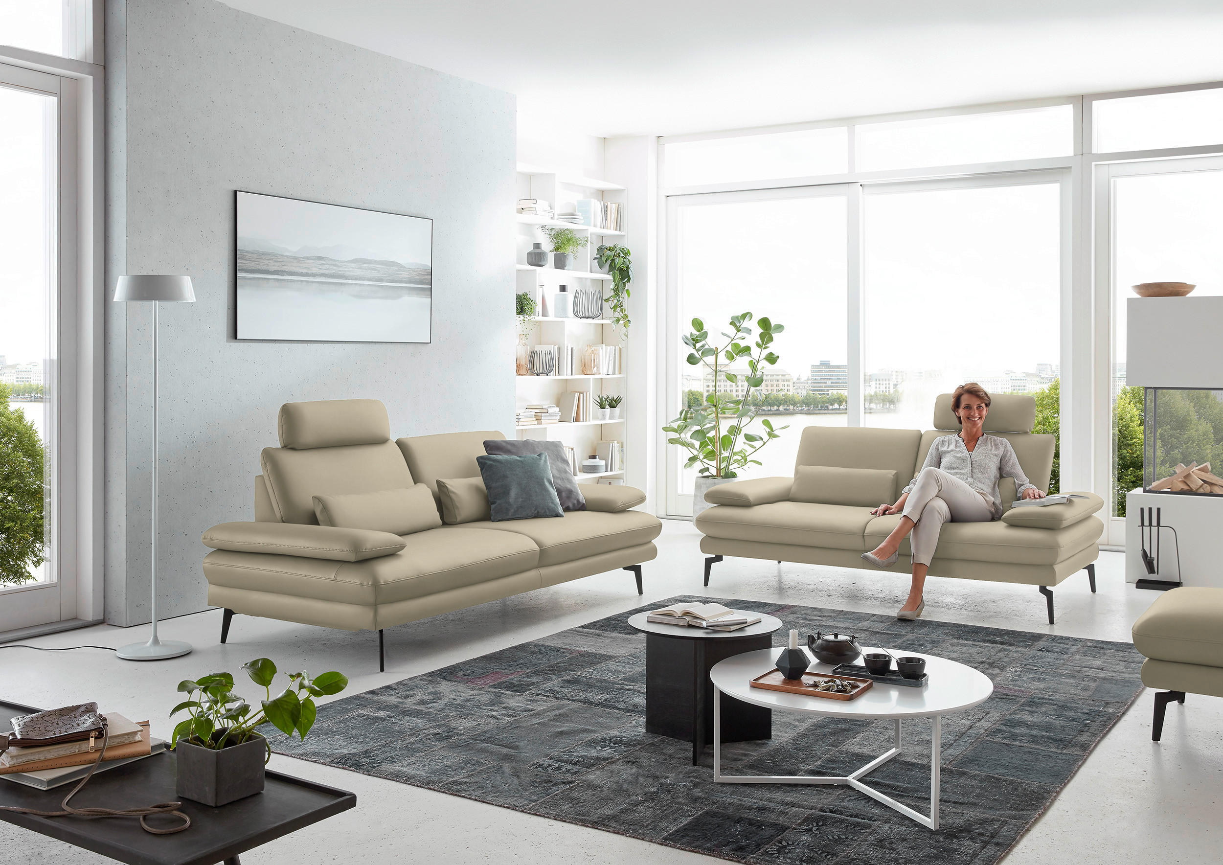 3-SITZER-SOFA in Leder Creme, Naturfarben  - Creme/Schwarz, Design, Leder/Metall (222/86/104cm) - Dieter Knoll