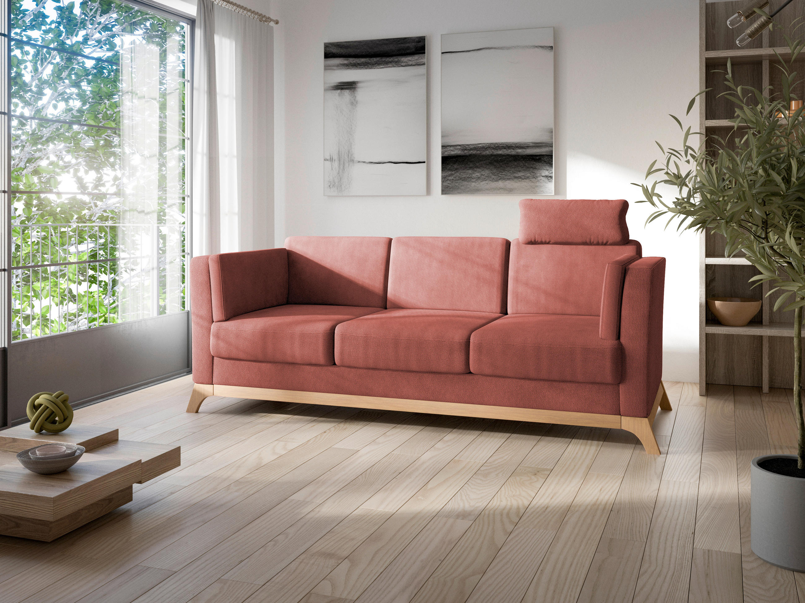 TROJMIESTNA POHOVKA, textil, čerešňovočervená - farba duba/čerešňovočervená, Konventionell, drevo/textil (213/84/93cm) - Sit & More