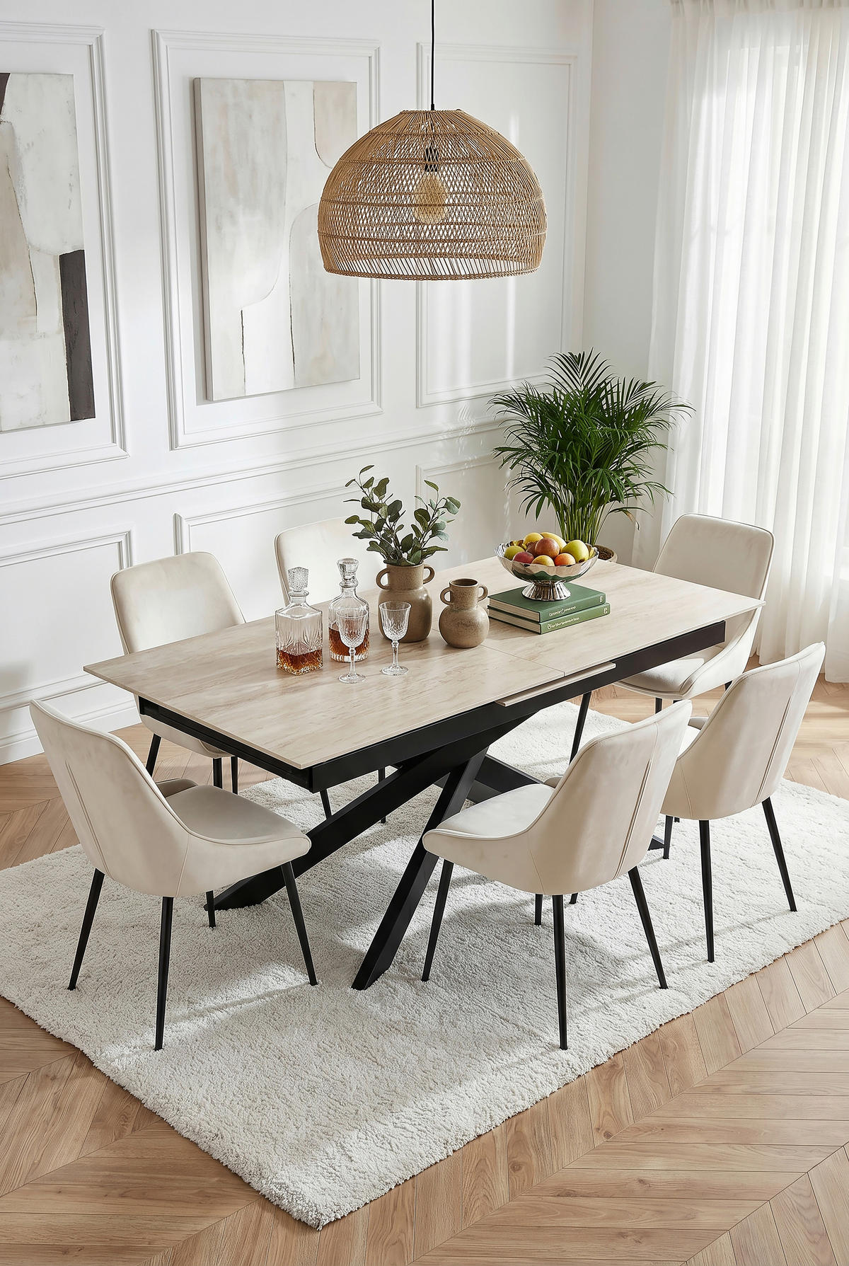 ESSTISCH 200/90/76 cm  Metall, Stein ausziehbar rechteckig Schwarz, Beige  - Beige/Schwarz, MODERN, Stein/Metall (200/90/76cm) - MID.YOU