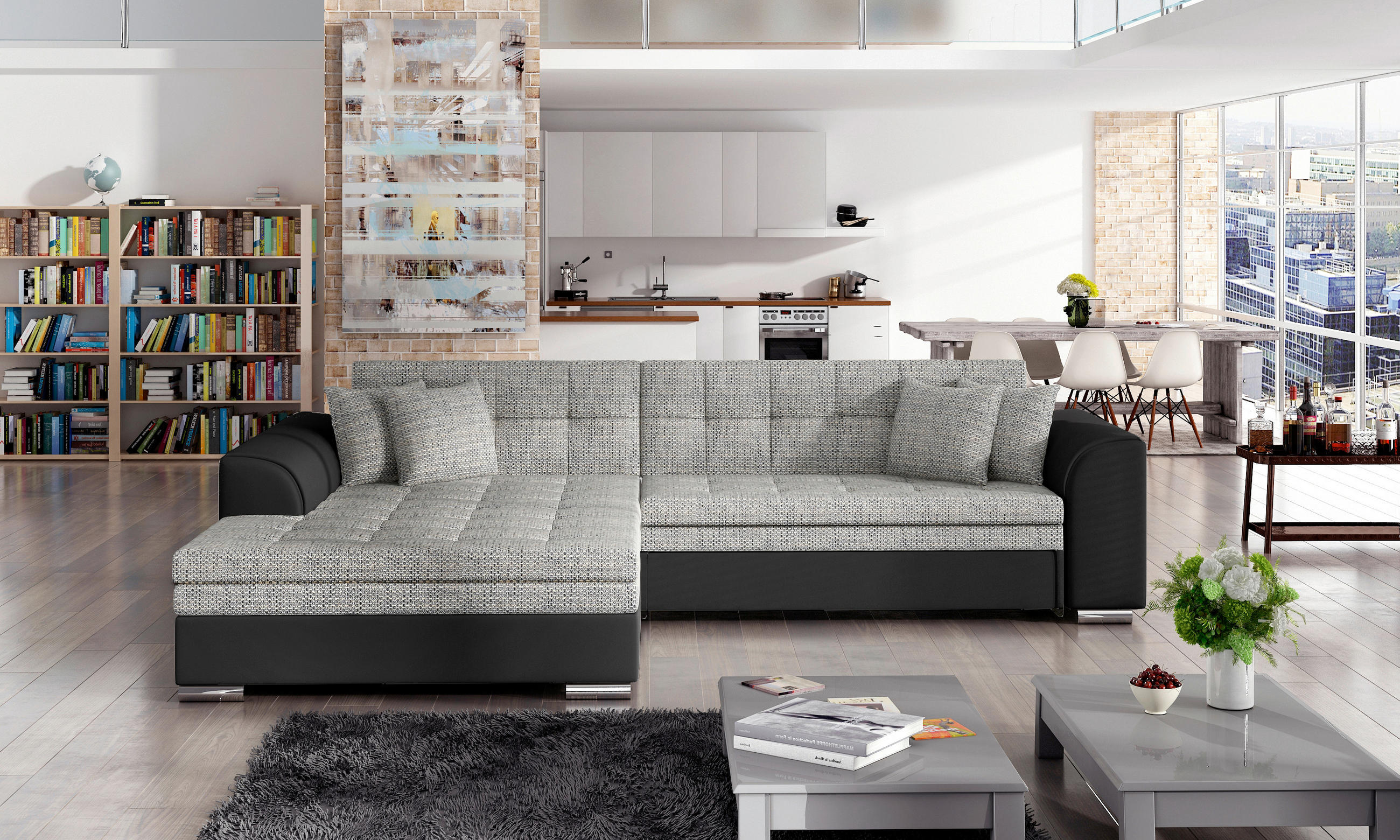 ECKSOFA Grau, Schwarz Webstoff  - Chromfarben/Schwarz, Design, Kunststoff/Textil (194/296cm) - MID.YOU