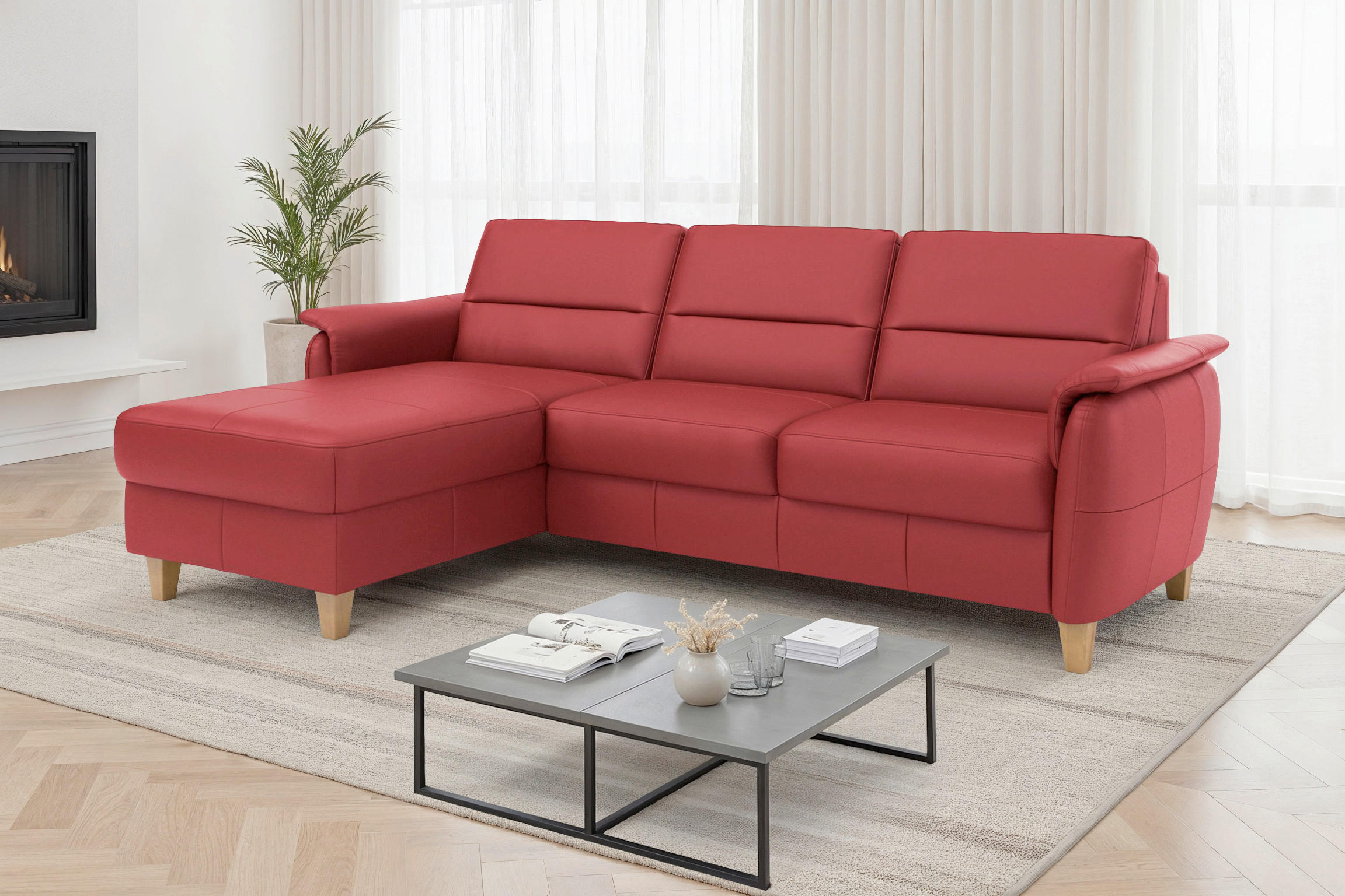 ROHOVÁ SEDAČKA, koža, červená - farba duba/červená, Basics, koža/drevo (163/244cm) - Sit & More