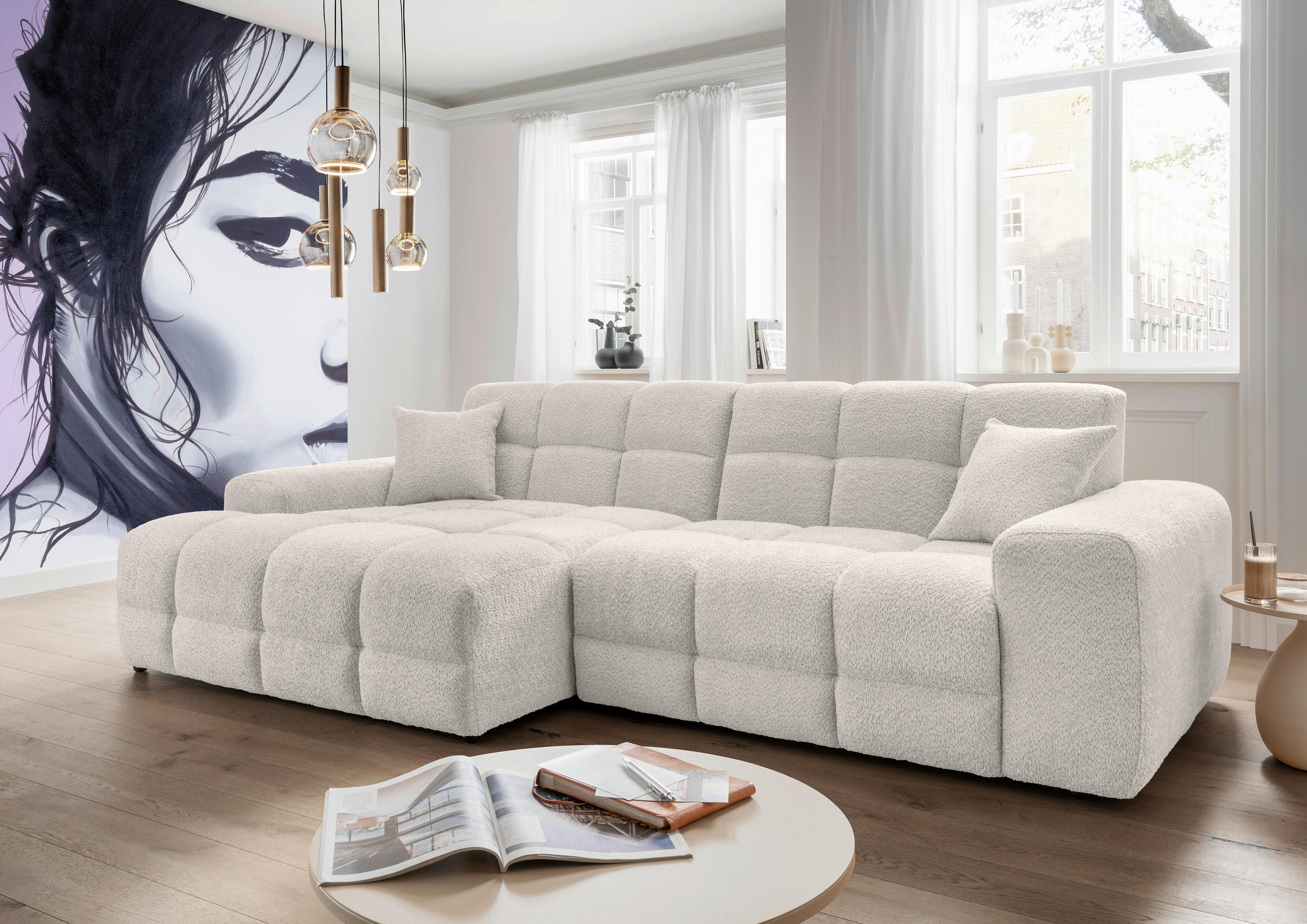 ECKSOFA in Bouclé Weiss  - Weiss/Schwarz, Modern, Kunststoff/Textil (152/301cm) - Livetastic