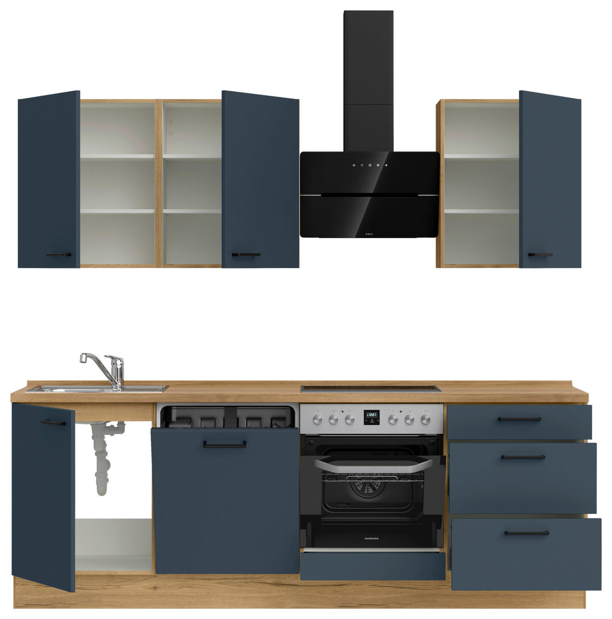 KÜCHENBLOCK Easytouch 240 cm  in Eichefarben, Dunkelblau  - Eichefarben/Schwarz, MODERN, Holzwerkstoff/Metall (240cm) - Nobilia