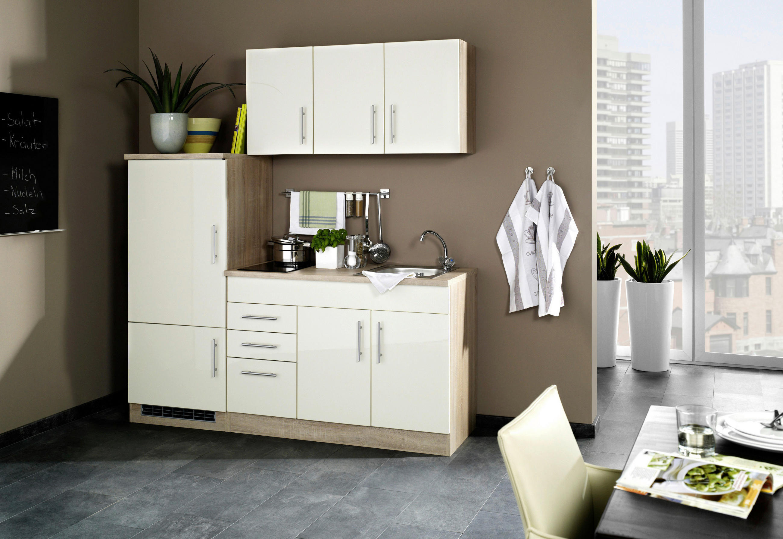 KÜCHENBLOCK 180 cm   in Creme  - Chromfarben/Eichefarben, MODERN, Holzwerkstoff/Metall (180cm) - Held