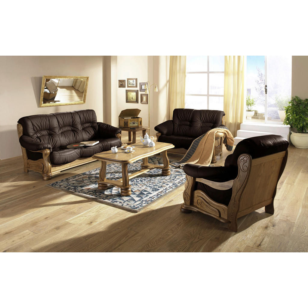 Thumbnail - Max Winzer 3-Sitzer-Sofa, Braun, Holz, Leder, Echtleder, Rindleder, Eiche, massiv, 205x95x95 cm, Goldenes M, Made in Ger...
