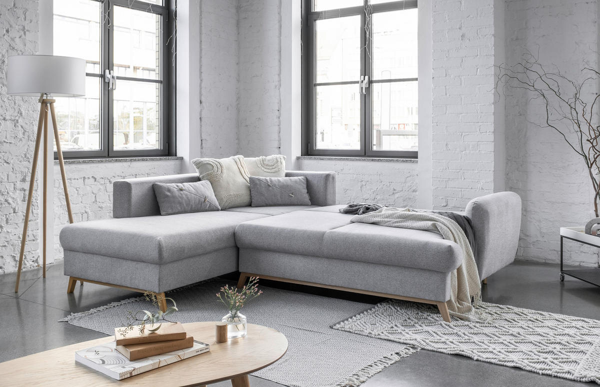ECKSOFA in Chenille Hellgrau  - Hellgrau/Naturfarben, Holz/Textil (202/242cm) - MID.YOU