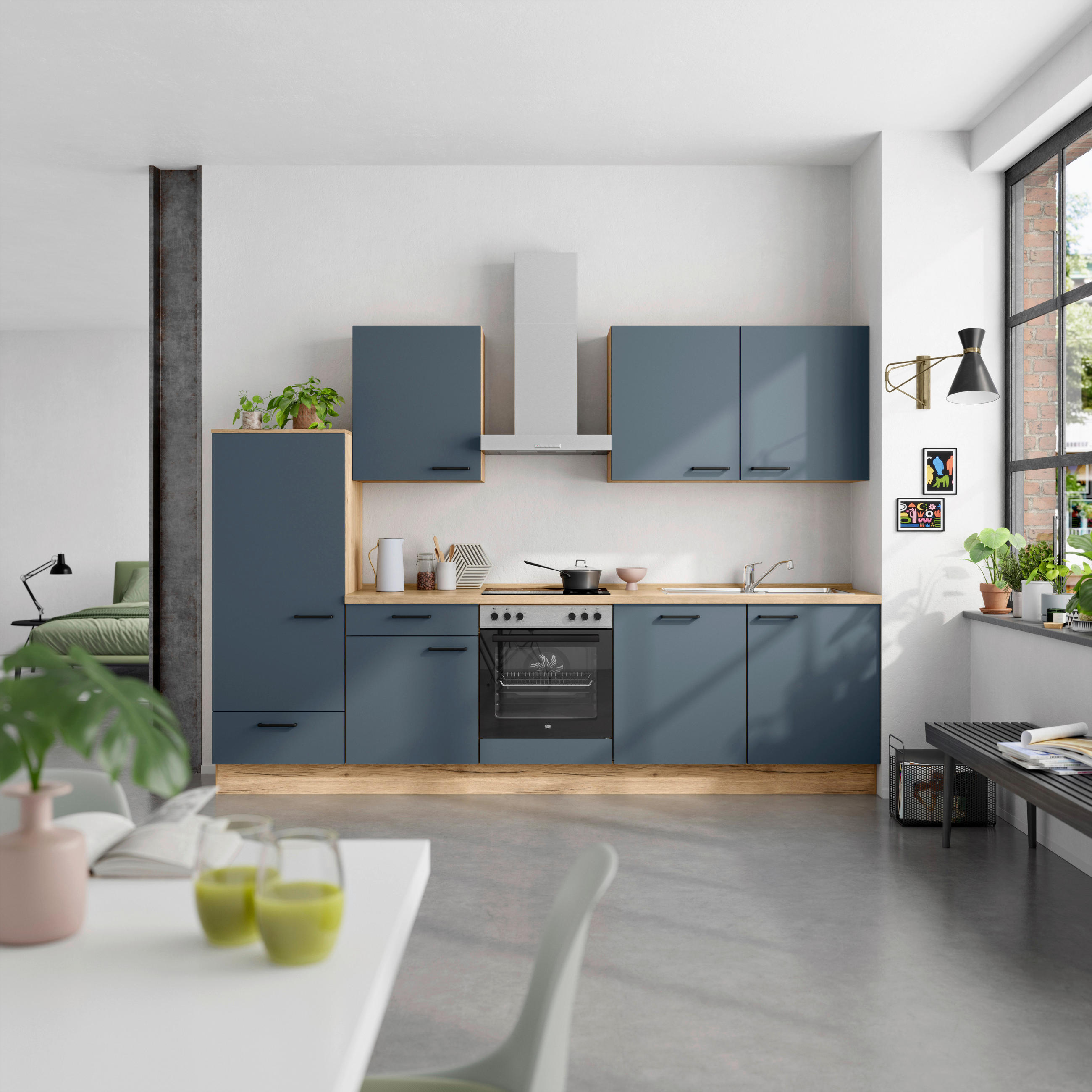 KÜCHENBLOCK Easytouch 300 cm  in Eichefarben, Dunkelblau  - Eichefarben/Schwarz, MODERN, Holzwerkstoff/Metall (300cm) - Nobilia