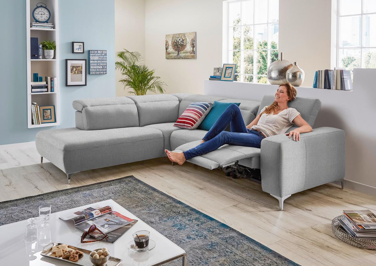 ECKSOFA Hellgrau Flachgewebe  - Hellgrau, Design, Textil/Metall (290/238cm) - Pure Home Lifestyle