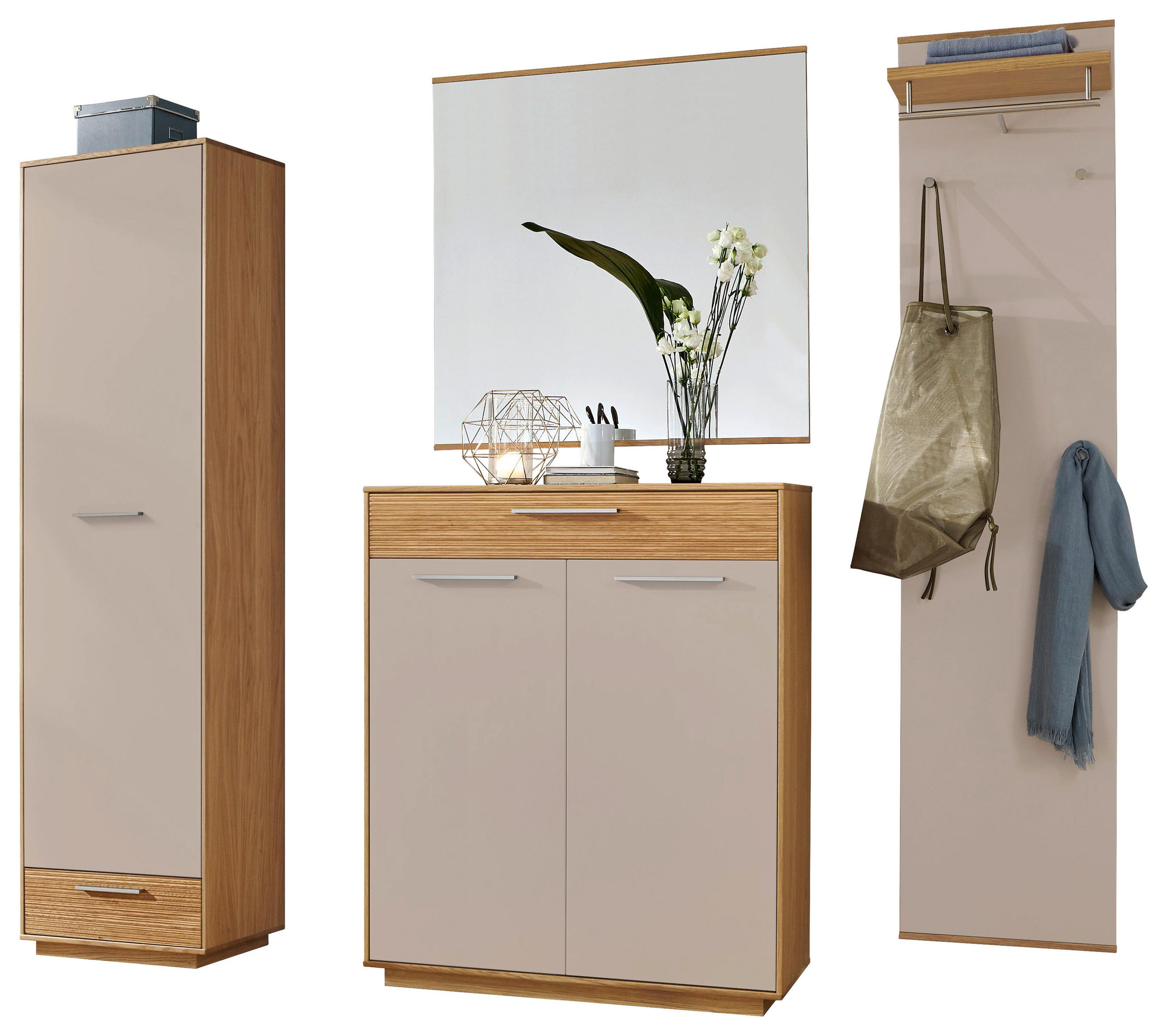 GARDEROBE 4-teilig  in 220/195/37 cm  - Taupe/Eichefarben, Design, Glas/Holz (220/195/37cm) - Novel