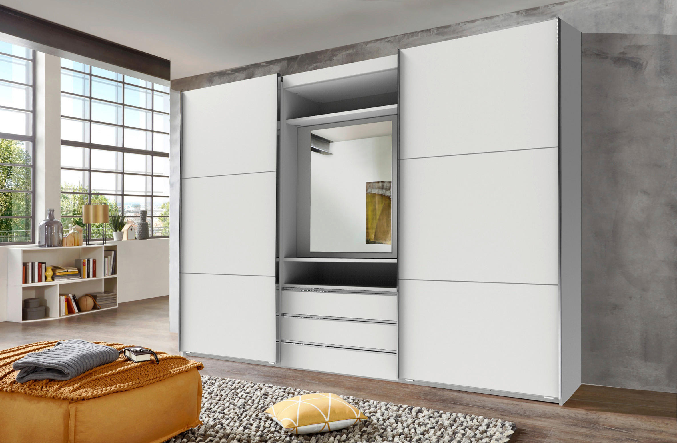 SCHWEBETÜRENSCHRANK  in Weiß, Silberfarben  - Chromfarben/Silberfarben, MODERN, Glas/Holzwerkstoff (300/216/65cm) - MID.YOU