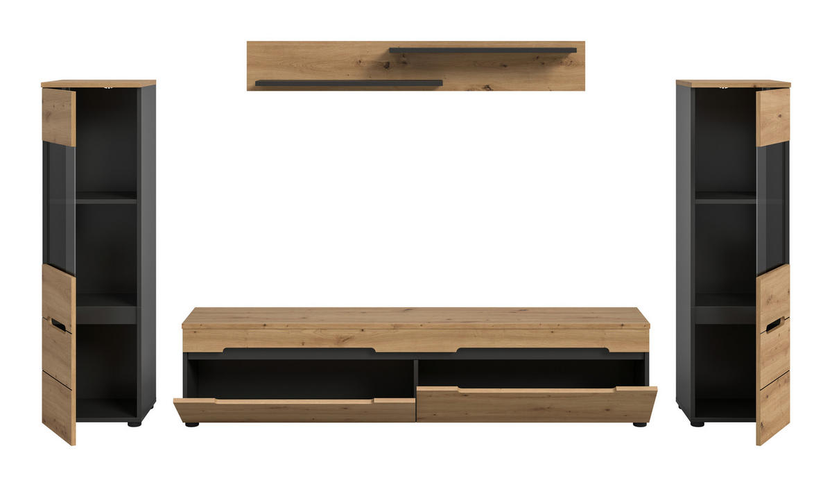 WOHNWAND 3-teilig  in Eiche Artisan  272/141/33 cm  - Schwarz/Eiche Artisan, Design, Holzwerkstoff/Kunststoff (272/141/33cm) - Livetastic