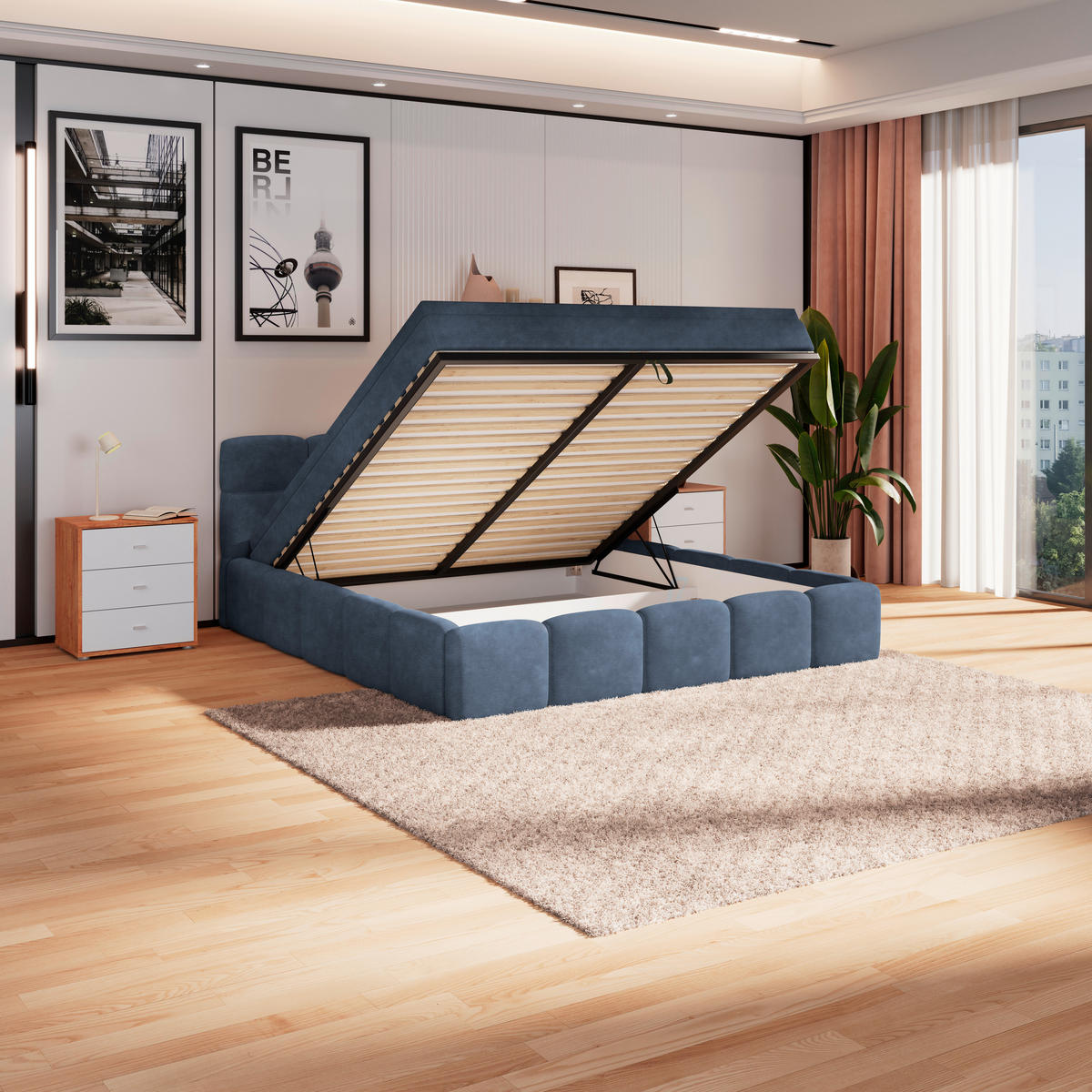 POLSTERBETT 160/200 cm,  in Blau, Matratze, Bettkasten, H3 = fest  - Blau/Schwarz, Trend, Kunststoff/Textil (160/200cm)