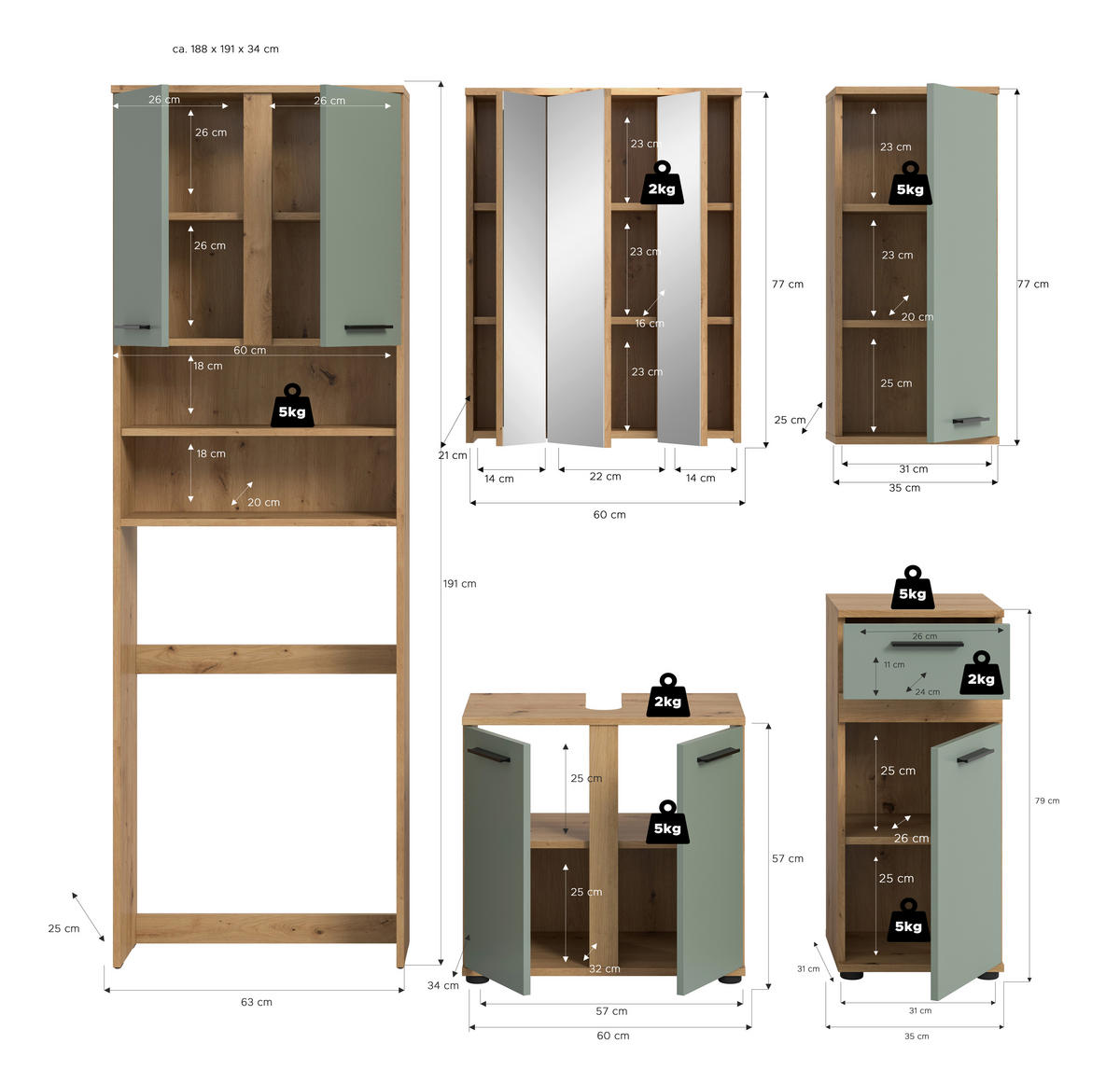 BADEZIMMER 5-teilig  in 188 cm  - Salbeigrün/Schwarz, Trend, Glas/Holzwerkstoff (188cm) - MID.YOU