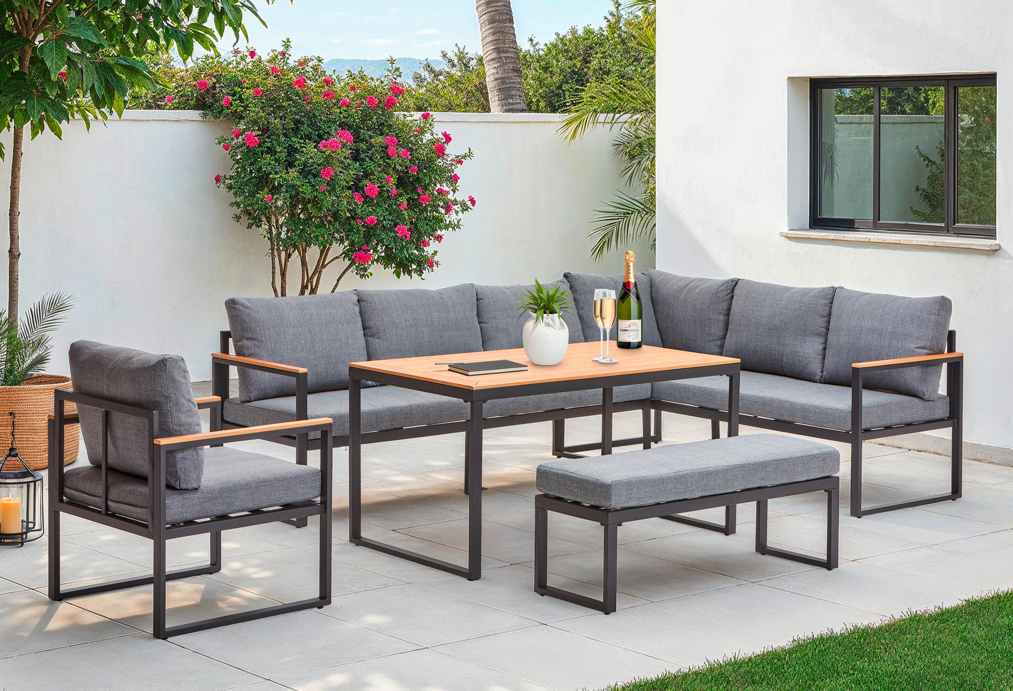 DINING-LOUNGESET 250/187 cm Stahl  - Dunkelgrau/Naturfarben, MODERN, Kunststoff/Textil (250/187cm) - Ambia Garden