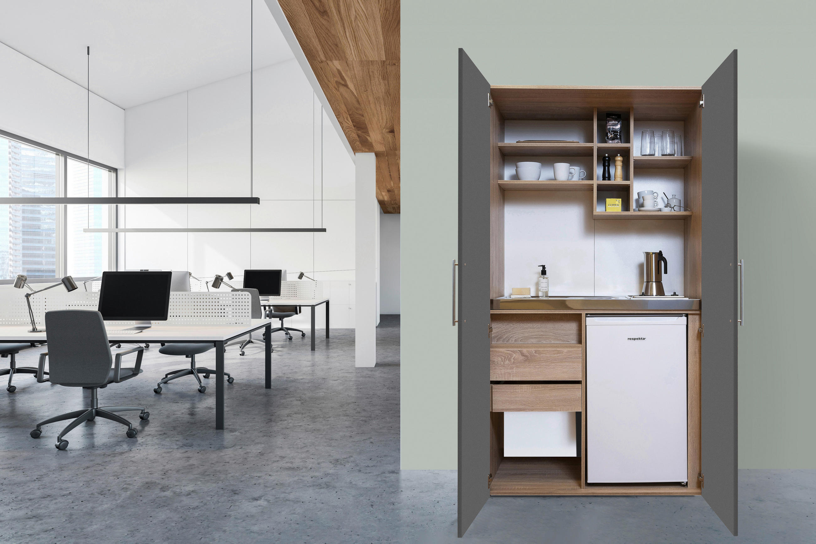 Schrankküche mit Kühlschrank + Kochfeld 104 cm Grau