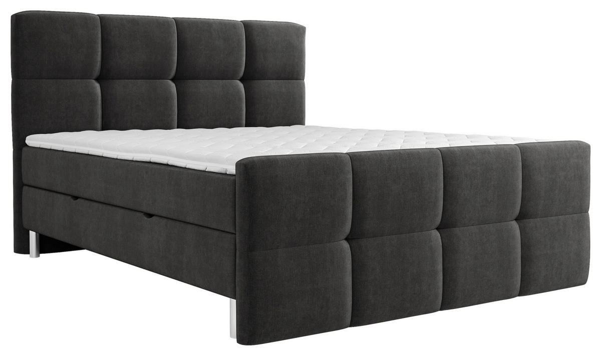 BOXBETT 140/200 cm,  in Anthrazit, gepolstertes Kopfteil, Bettkasten, Topper, H3 = fest  - Chromfarben/Anthrazit, Design, Holz/Holzwerkstoff (140/200cm) - Esposa