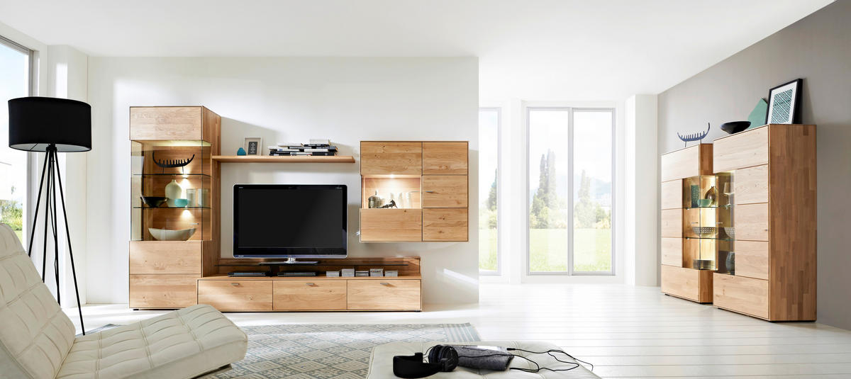 WOHNWAND Venturo  in Eichefarben  324,0/196/55 cm  - Edelstahlfarben/Eichefarben, KONVENTIONELL, Glas/Holz (324,0/196/55cm) - Valnatura