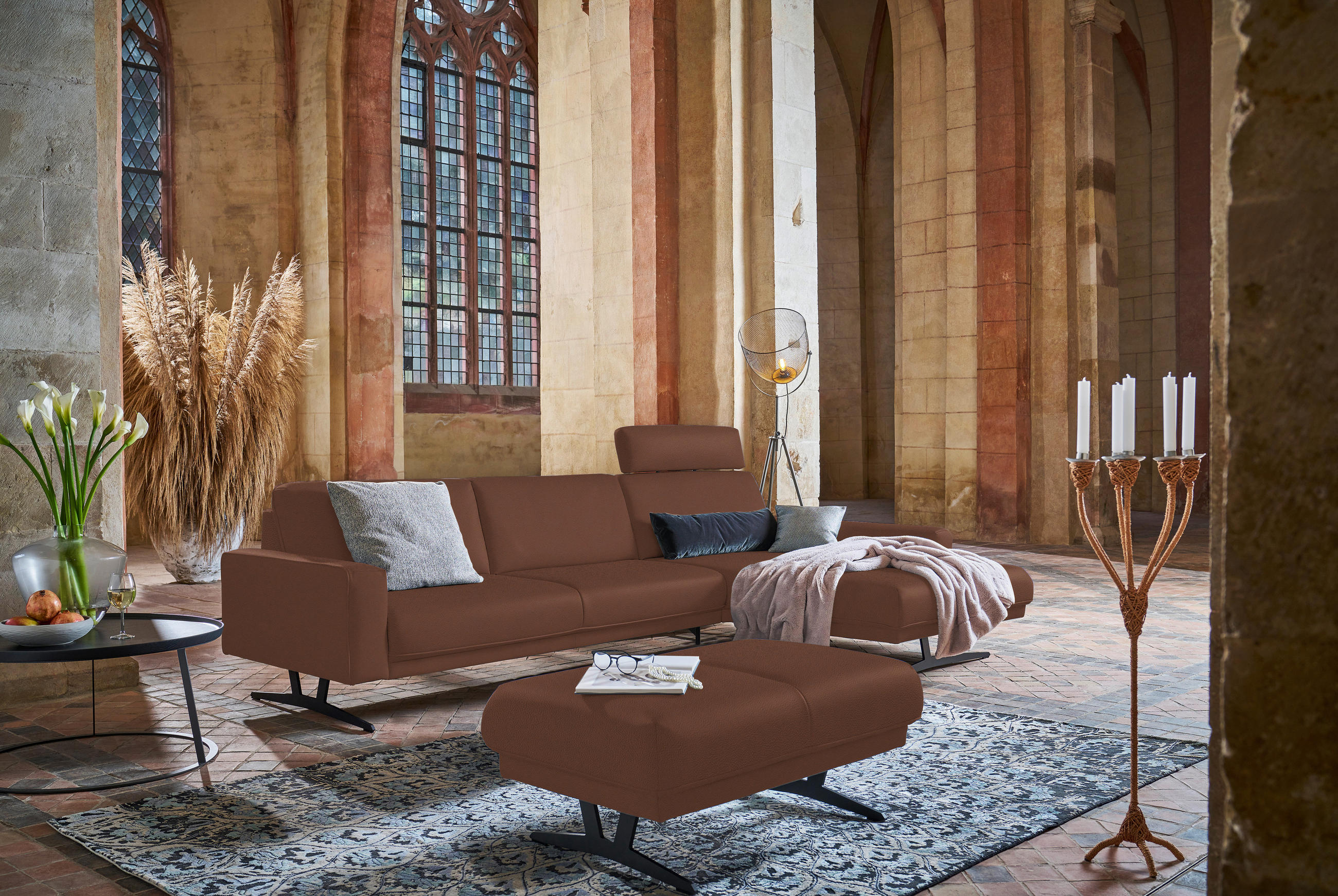 ECKSOFA in Echtleder Braun  - Anthrazit/Braun, Konventionell, Leder/Metall (324/179cm) - Johann Jakob