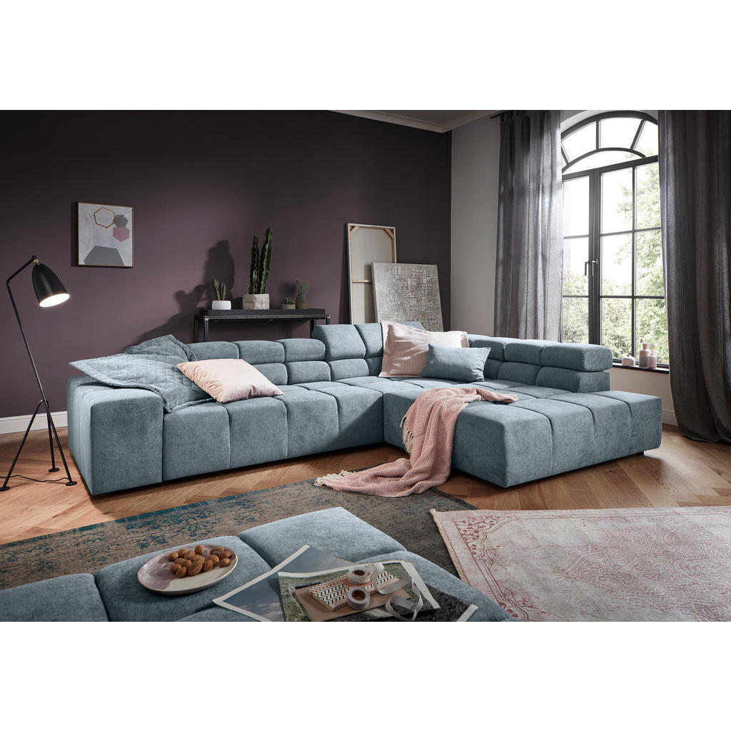 Thumbnail - Hom`in Ecksofa, Hellblau, Textil, 4-Sitzer, Füllung: Schaumstoff, Ottomane rechts, L-Form, 317x213 cm, Blauer Engel, Gol...