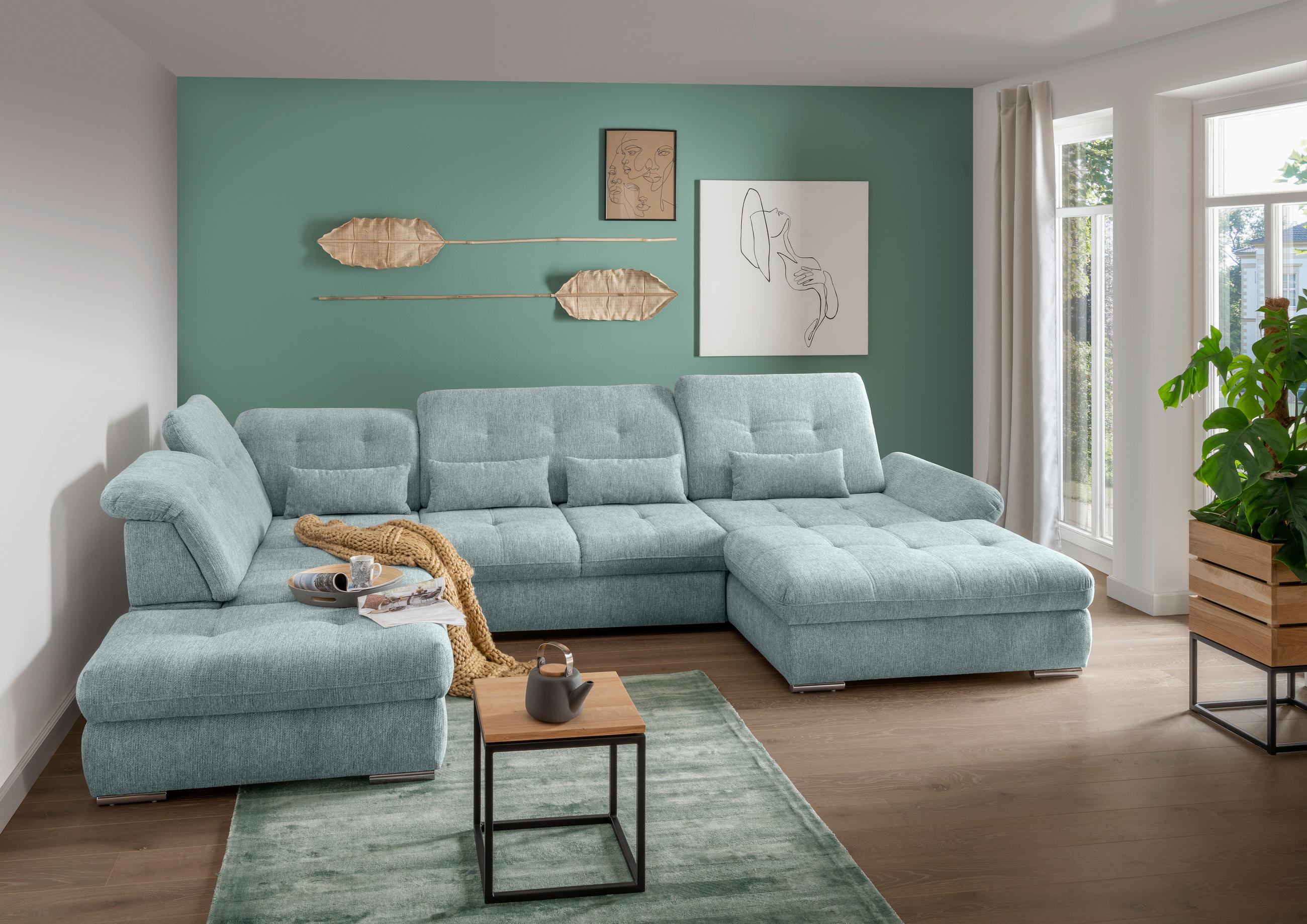 WOHNLANDSCHAFT in Chenille Blau  - bleu/couleur chromée, Design, textile/métal (254/376/195cm) - Livetastic