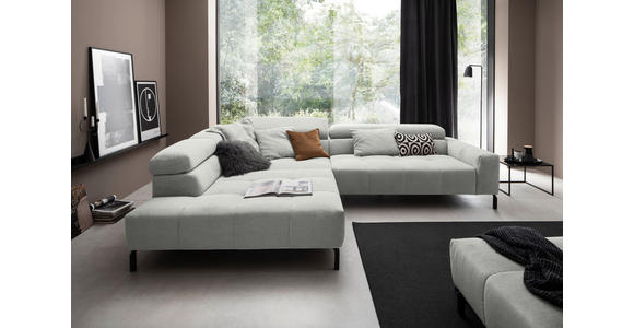 ECKSOFA Hellgrau Cord Rücken echt, Kopfteilverstellung, Sitzvorzug  - Hellgrau/Schwarz, KONVENTIONELL, Textil/Metall (219/311cm) - Hom`in