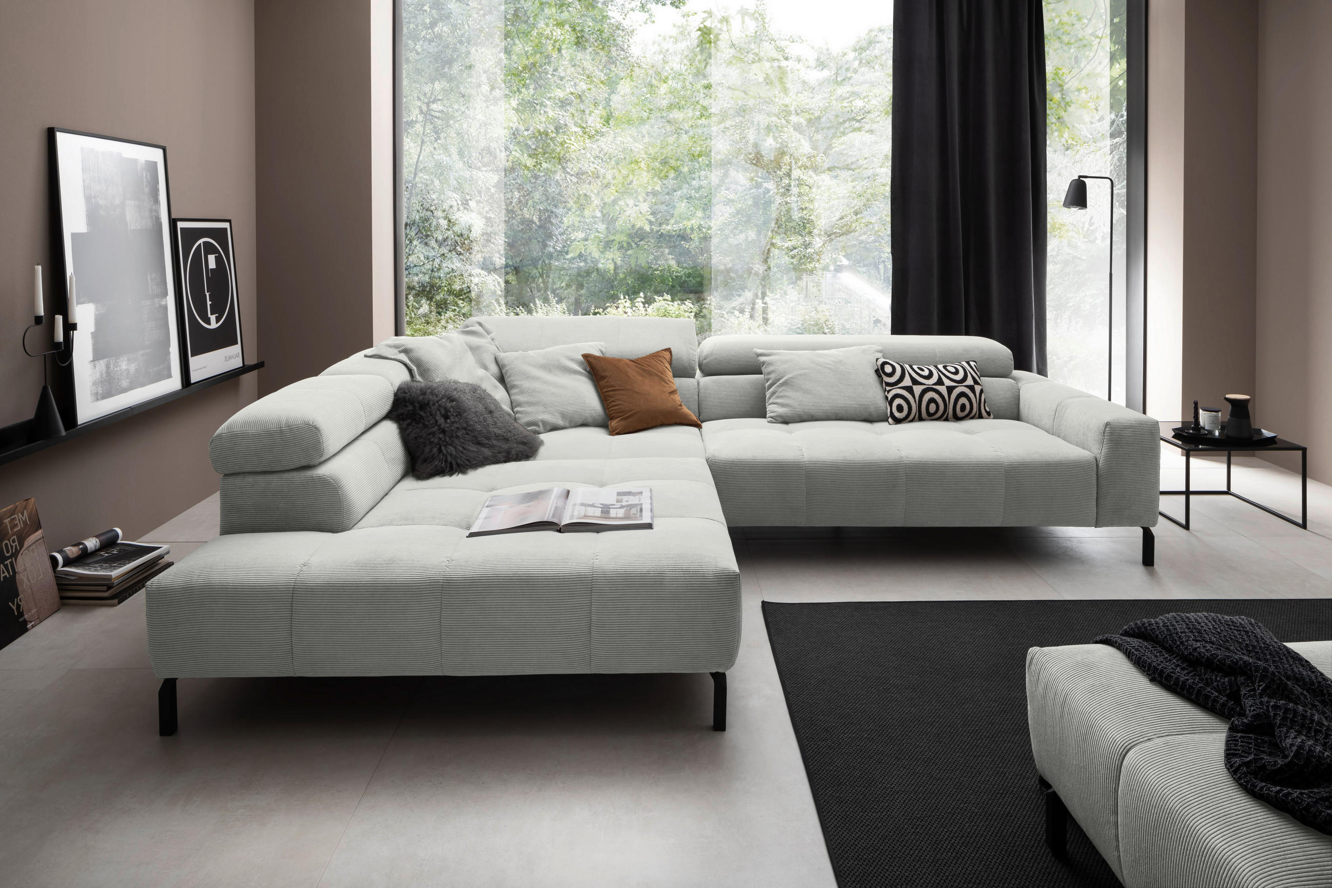 ECKSOFA Hellgrau Cord  - Hellgrau/Schwarz, KONVENTIONELL, Textil/Metall (219/311cm) - Hom`in