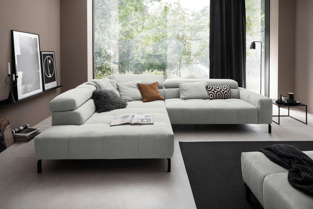 ECKSOFA in Cord Hellgrau  - Hellgrau/Schwarz, Konventionell, Textil/Metall (219/311cm) - Hom`in