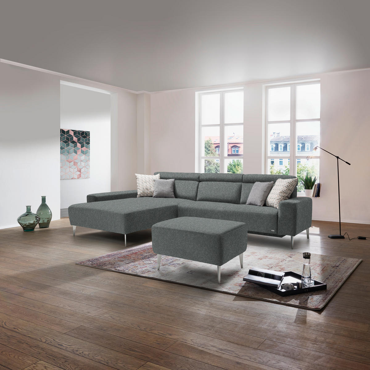 ECKSOFA  in Mikrovelours Graugrün  205/308 cm  - Alufarben/Graugrün, Design, Textil/Metall (205/308cm) - Sedda