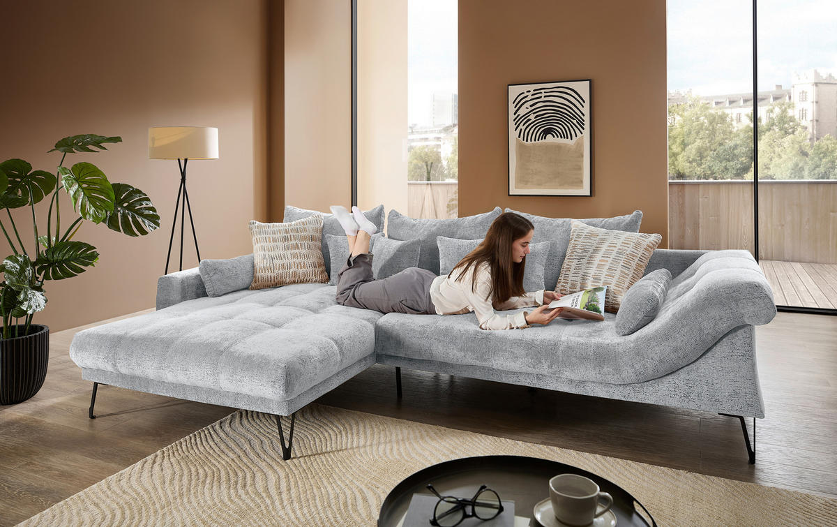 ECKSOFA GARDA Hellblau Chenille Zierkissen, Rückenkissen, Nierenkissen, Rücken echt  - Schwarz/Hellblau, KONVENTIONELL, Textil/Metall (192/310cm) - Livetastic