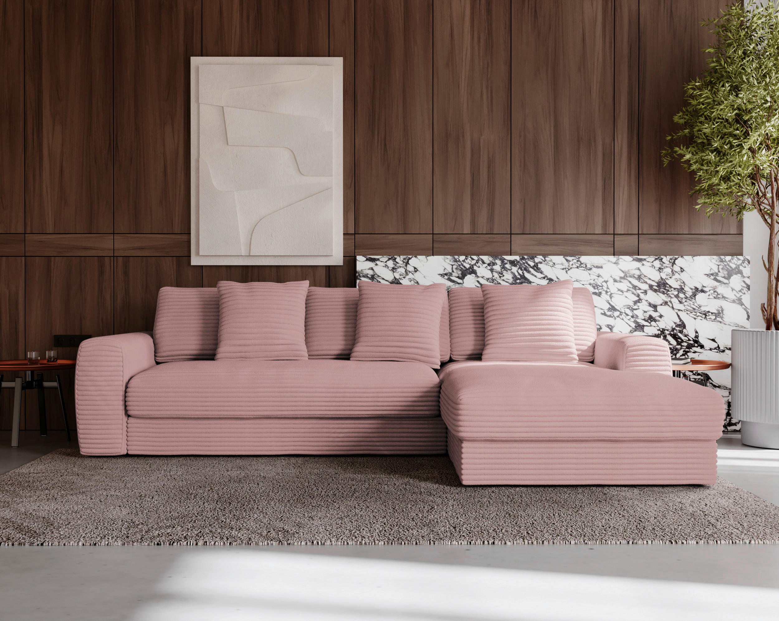 ECKSOFA Altrosa Cord - Schwarz/Altrosa, MODERN, Kunststoff/Textil (302/182cm) - Carryhome