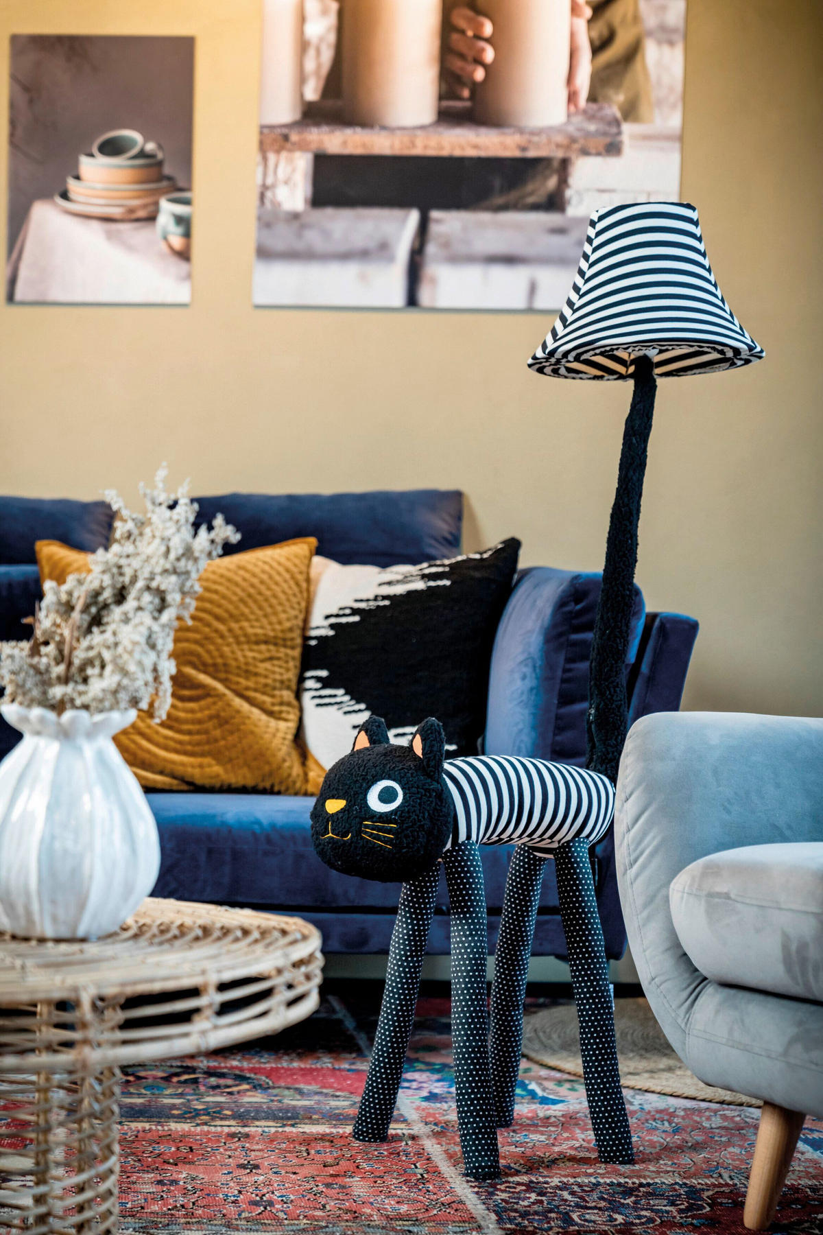 LED-STEHLEUCHTE Luna die Katze 32/62/126 cm   - Schwarz/Weiß, LIFESTYLE, Textil/Metall (32/62/126cm) - Happy Lamps