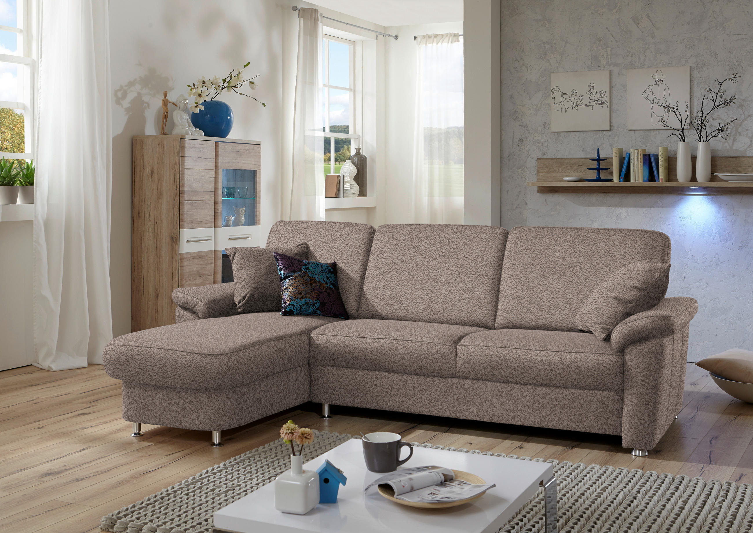 ECKSOFA in Flachgewebe Graubraun  - Chromfarben/Graubraun, Konventionell, Textil/Metall (163/250cm) - Beldomo System