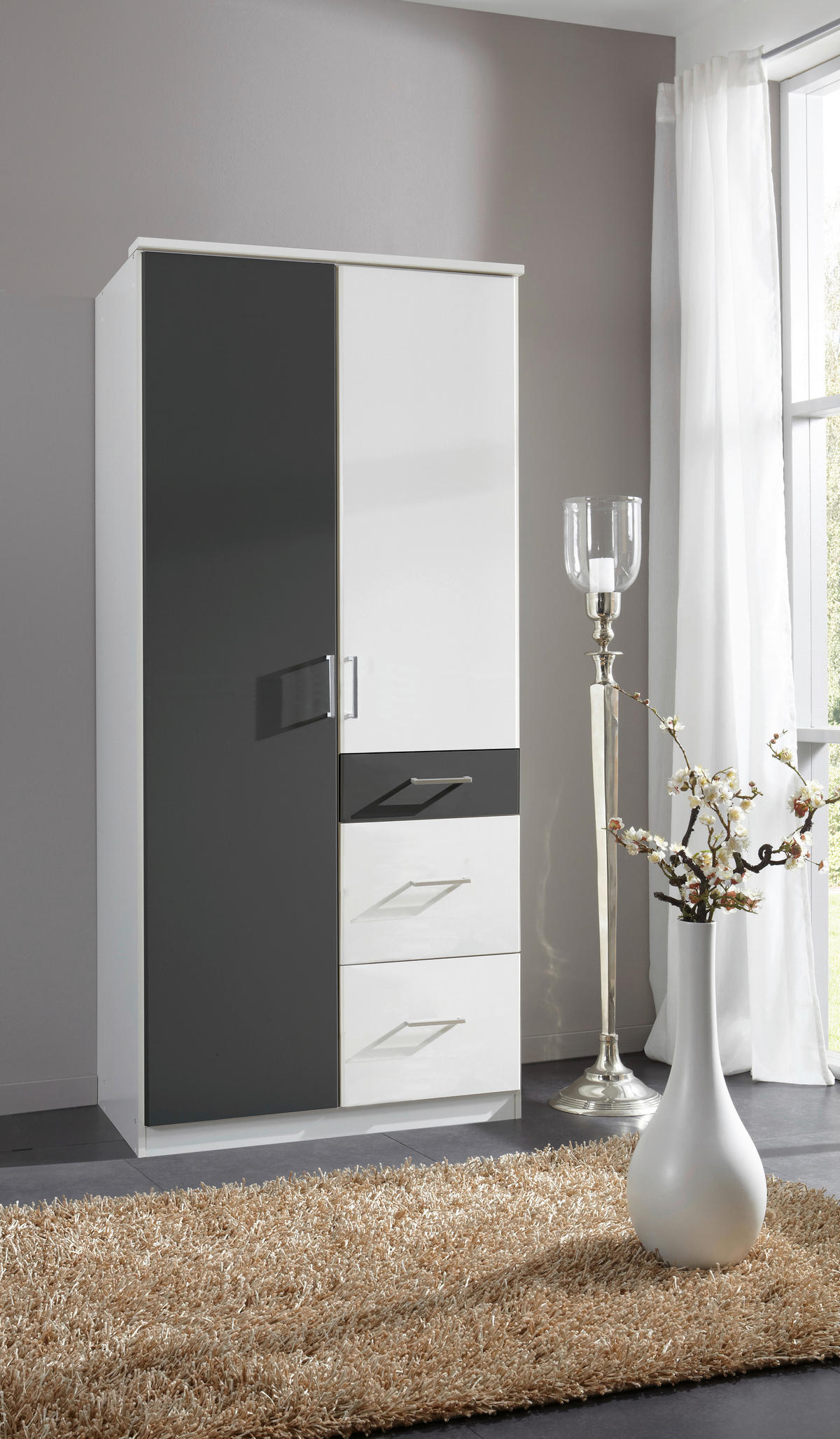 ARMOIRE À PORTES BATTANTES in Graphitfarben, Weiss  - Weiss/Alufarben, Design, Holz/Holzwerkstoff (90/199/58cm) - MID.YOU