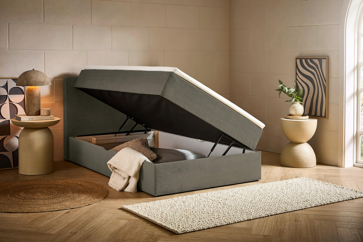 BOXBETT 120/200 cm,  in Waldgrün, Kissen, Bettkasten, Topper, H3 = fest  - Waldgrün/Schwarz, Design, Kunststoff/Textil (120/200cm) - Chameo