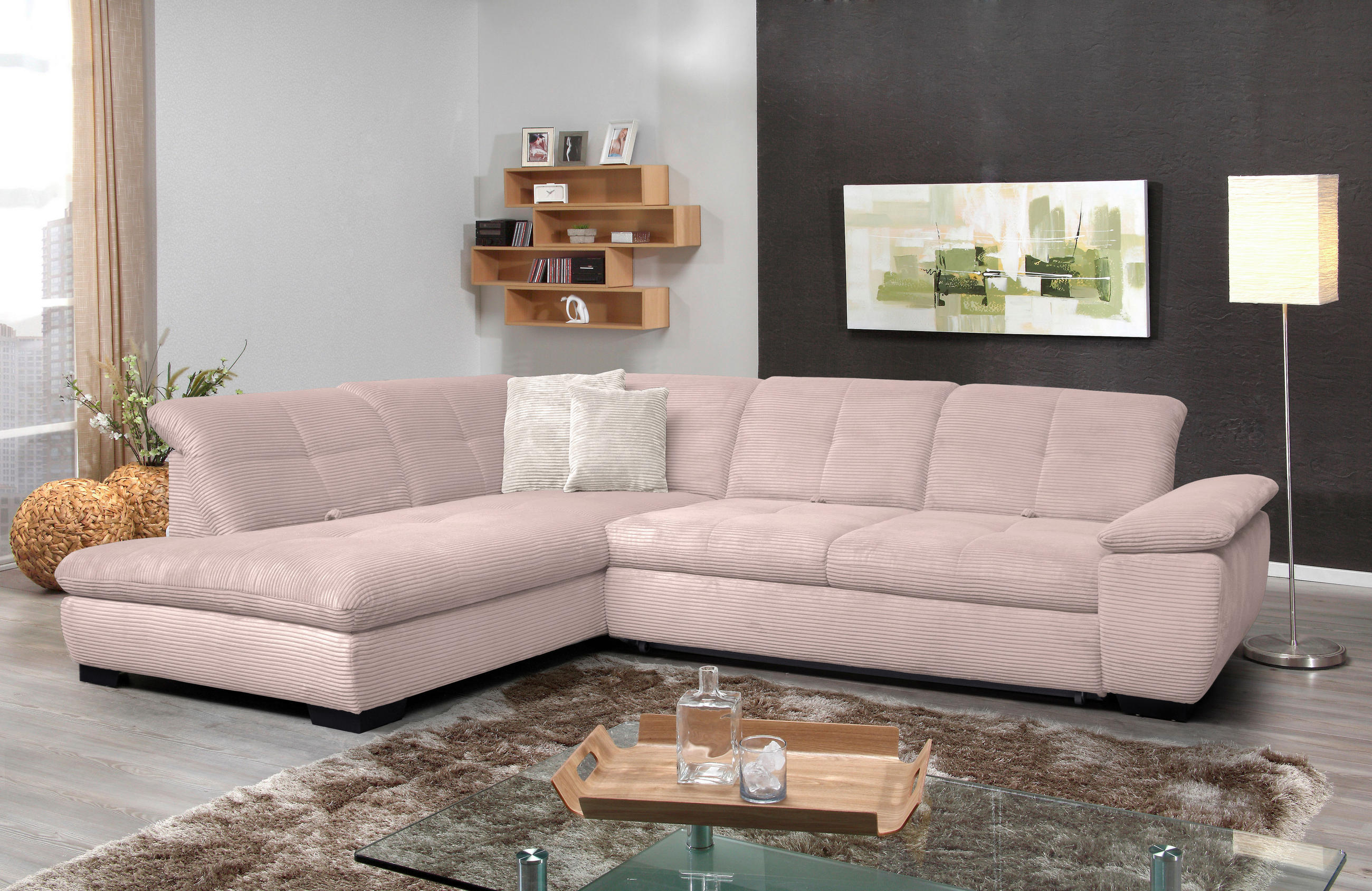 ECKSOFA in Cord Hellrosa  - Hellrosa/Schwarz, Design, Textil/Metall (242/313cm) - Xora