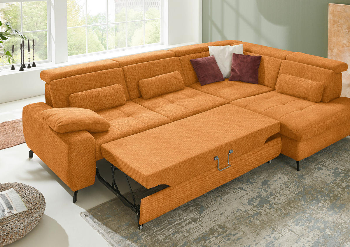 ECKSOFA in Chenille Orange  - Schwarz/Orange, Design, Textil/Metall (310/220cm) - Beldomo Style