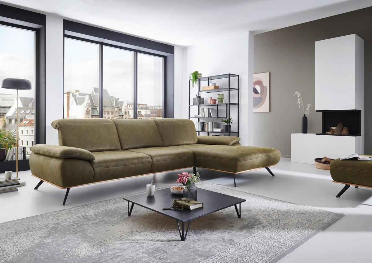 ECKSOFA Grün Mikrofaser  - Eichefarben/Beige, Natur, Holz/Textil (322/201cm) - Voleo