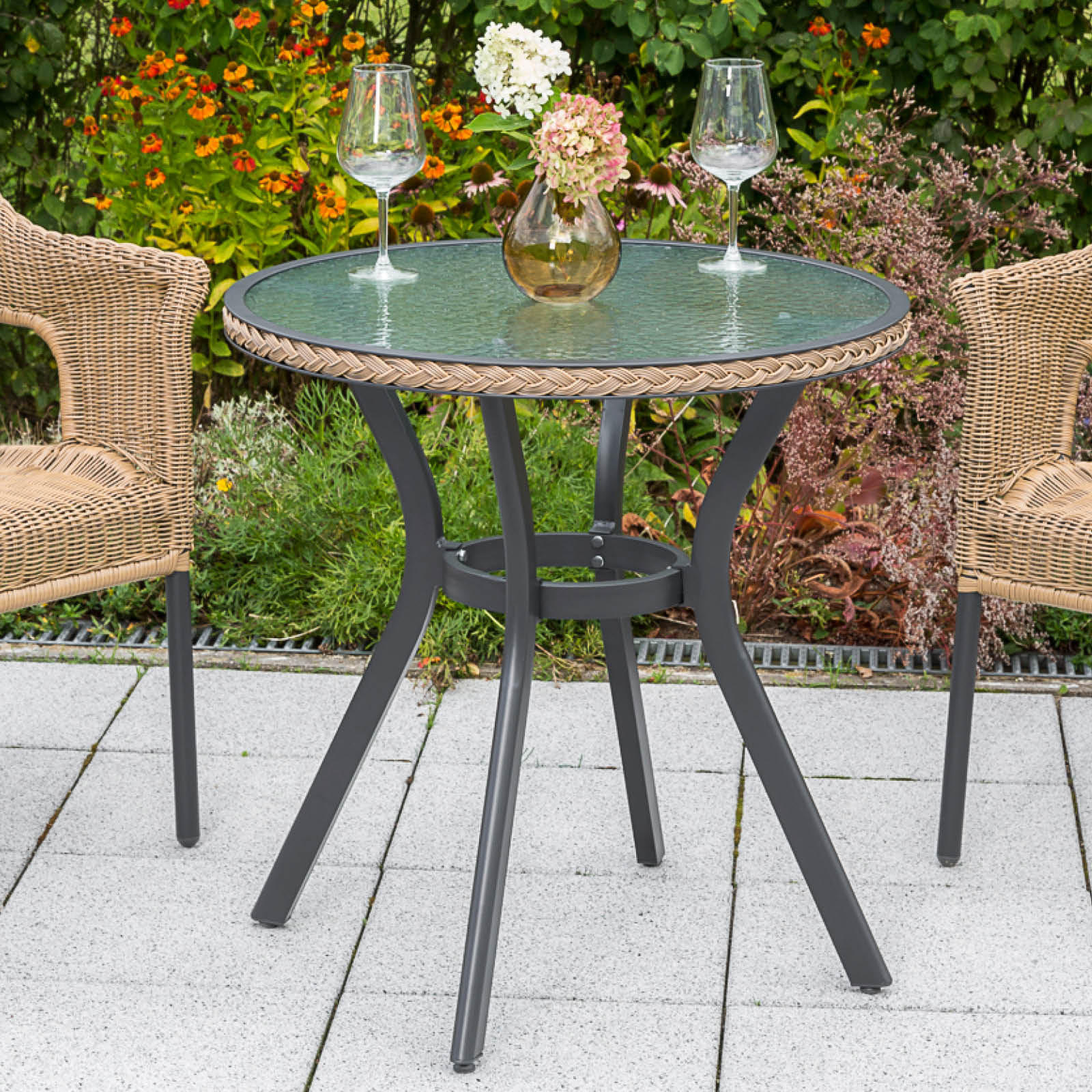 GARTENTISCH Metall, Glas rund  - Graphitfarben/Naturfarben, ROMANTIK / LANDHAUS, Glas/Metall (70cm) - Gardenson