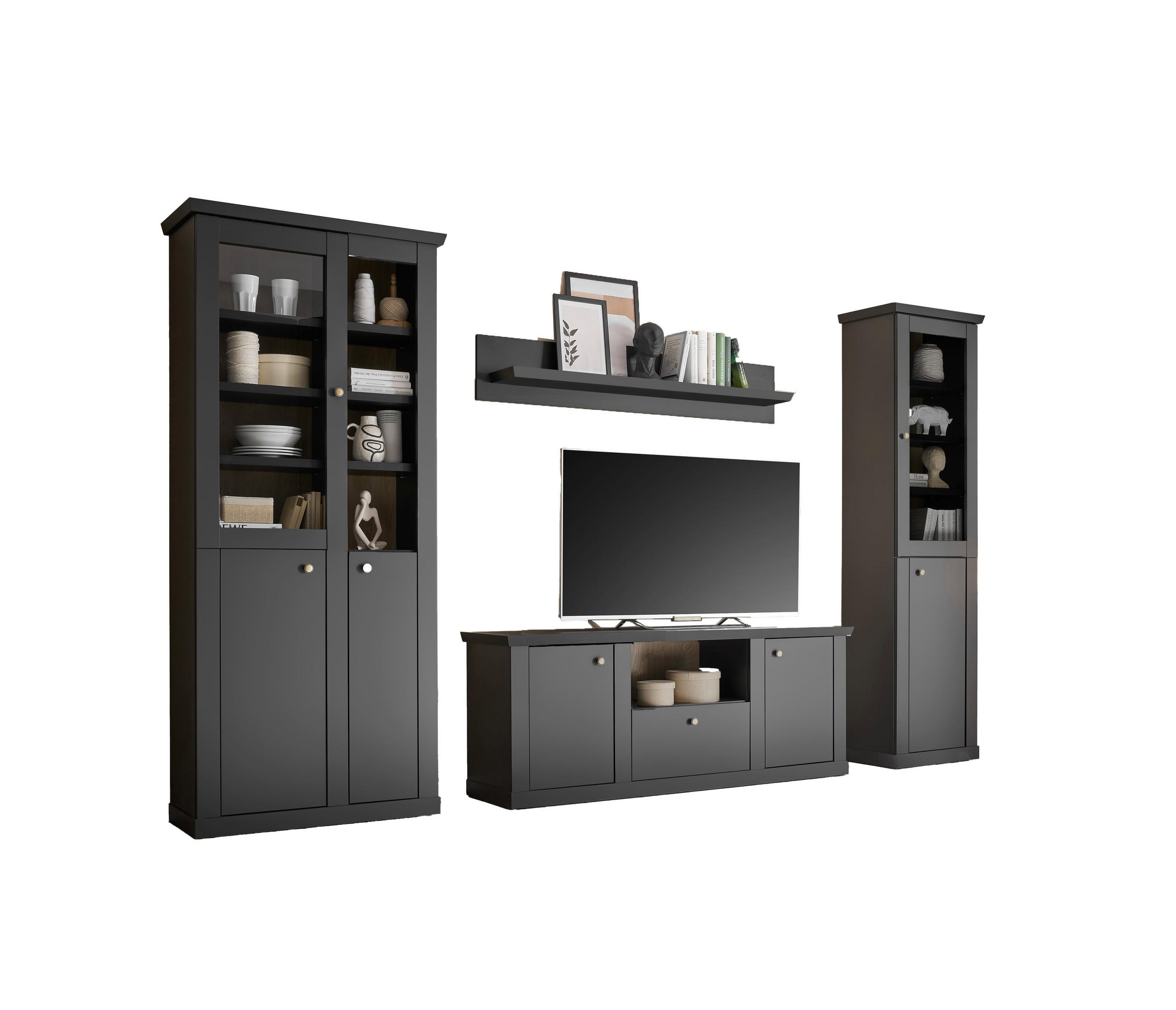 WOHNWAND 4-teilig  in Schwarz, Eichefarben  319/200/42 cm  - Eichefarben/Messingfarben, Design, Holzwerkstoff/Metall (319/200/42cm) - MID.YOU