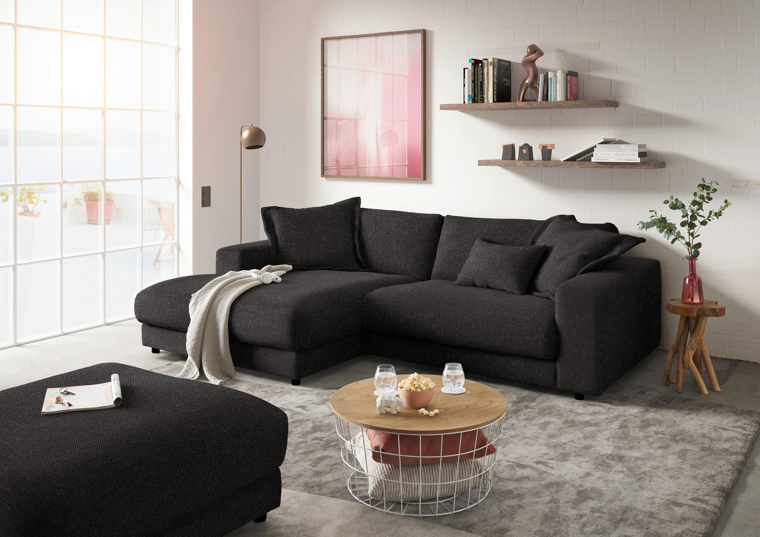 ECKSOFA in Flachgewebe Schwarz  - Schwarz, Design, Kunststoff/Textil (190/270cm) - Lomoco