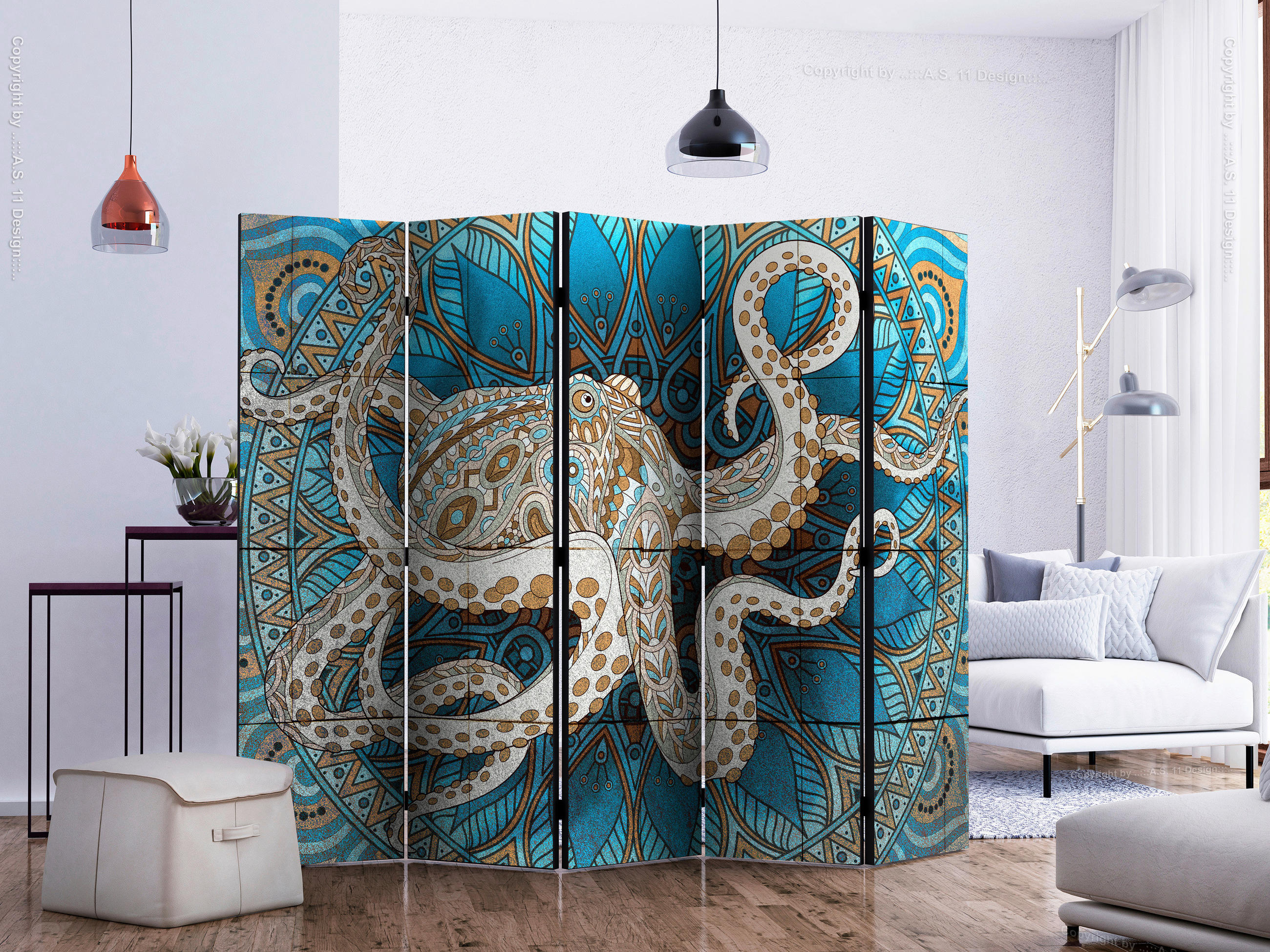 SKÄRMVÄGG  i trä, textil  blå, brun  - brun/blå, Modern, trä/textil (225/172/3cm) - artgeist