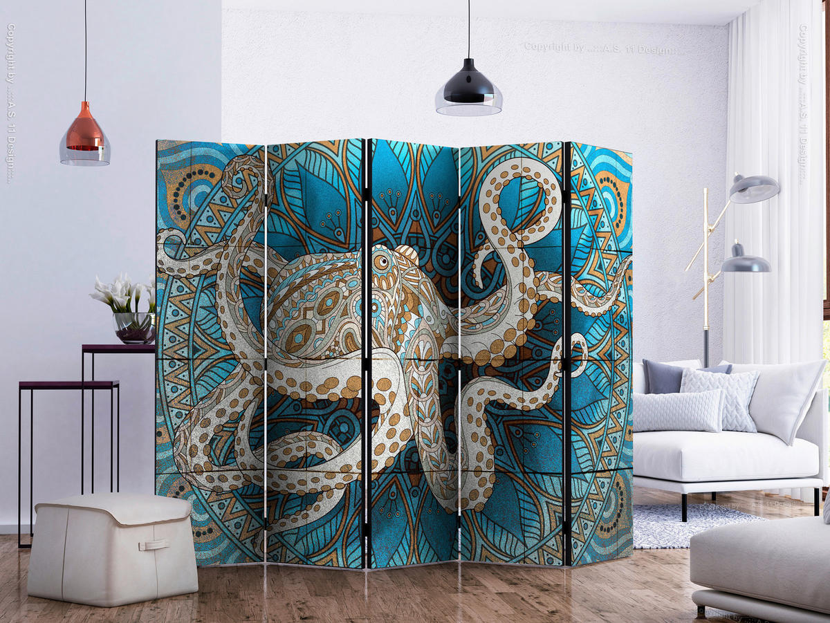 SKÄRMVÄGG  i trä, textil  blå, brun  - brun/blå, Modern, trä/textil (225/172/3cm) - artgeist